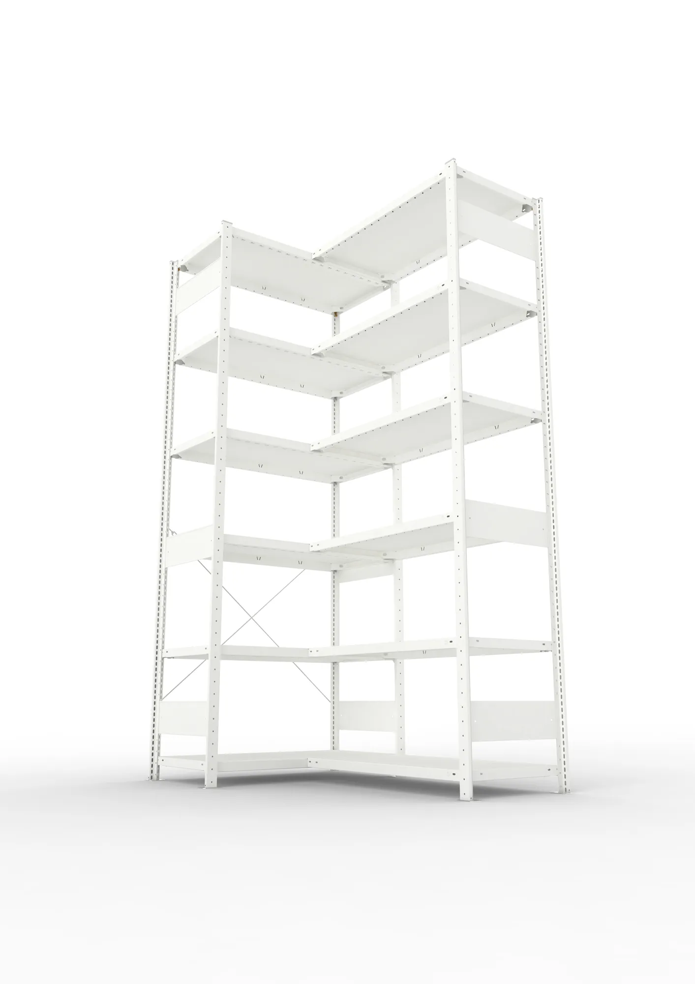 META CLIP, Eckregal, 2500 x 1000 x 500 mm, Fachlast 100 kg, 6 Ebenen, RAL 7035 – Ansicht von unten