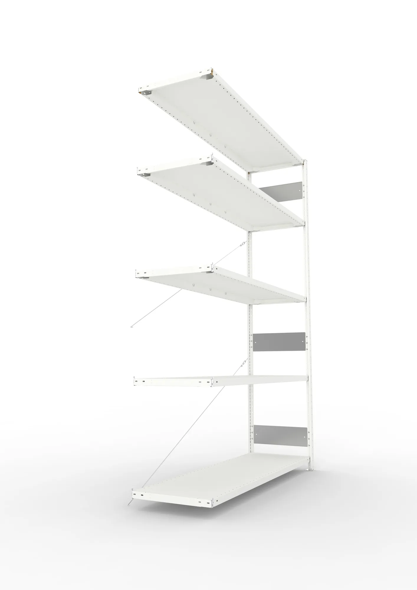 META CLIP S3, Fachbodenregal, Anbauregal, 2500 x 1700 x 500 mm, Fachlast 200 kg, 4 Ebenen, RAL 7035 – Seitenansicht
