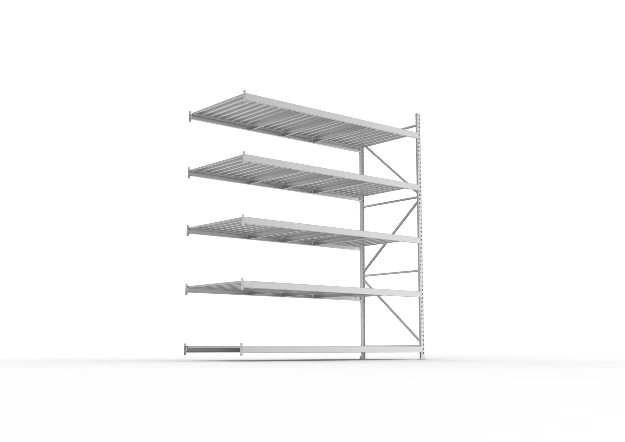 META MINI-RACK, Weitspannregal, Anbauregal, 3000 x 2600 x 1050 mm, Fachlast 490 kg, Stahlpaneelböden, 5 Ebenen – Ansicht von unten