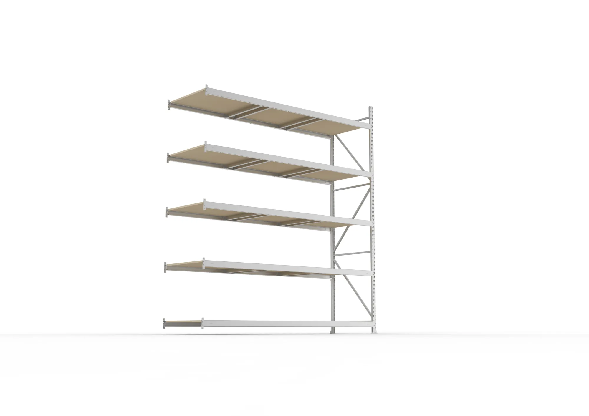 META MINI-RACK, Weitspannregal, Anbauregal, 3000 x 2600 x 800 mm, Fachlast 490 kg, Spanplattenböden, 5 Ebenen – Ansicht von unten