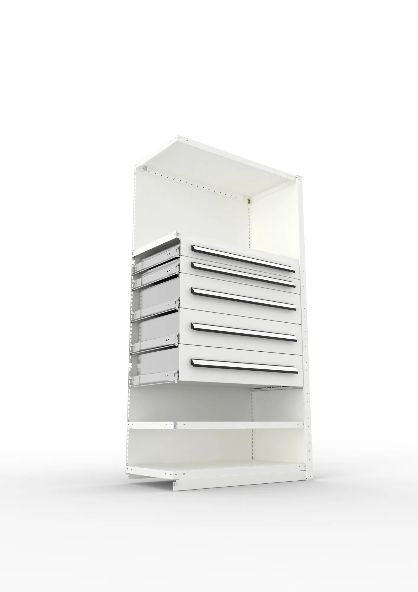 META CLIP, Schrankmodul, Anbauregal, Variante 4, 2000 x 1000 x 500 mm, Schubladen mittig, RAL 7035 – Ansicht von unten