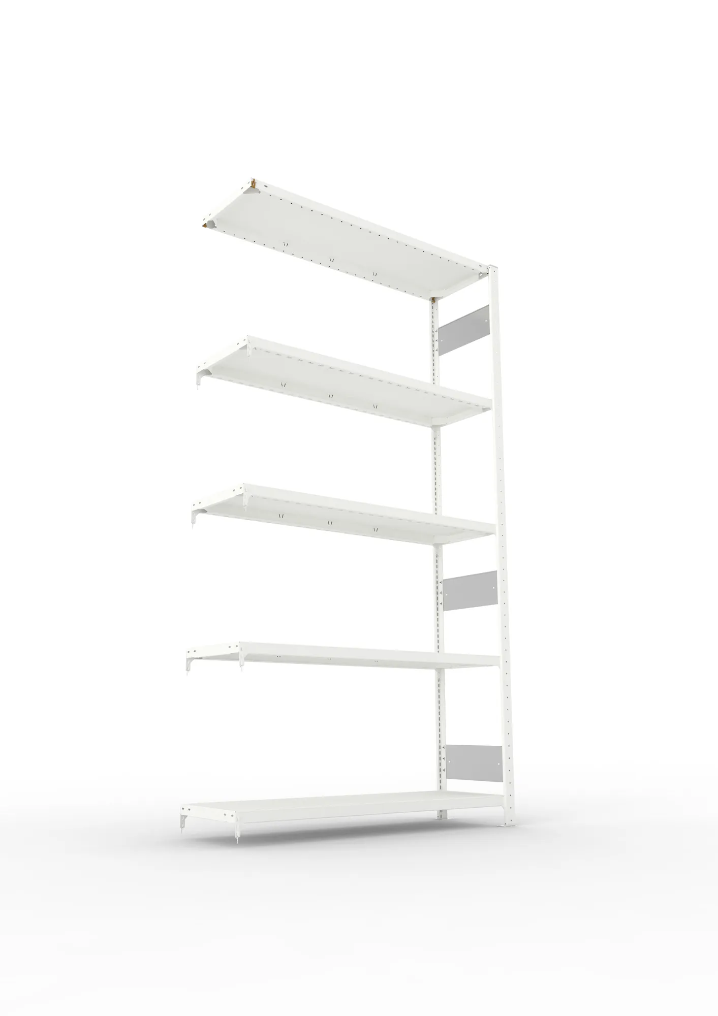 META CLIP S3, Fachbodenregal, Anbauregal, 2500 x 1300 x 400 mm, Fachlast 230 kg, 5 Ebenen, Längsriegel, RAL 7035 – Ansicht von unten