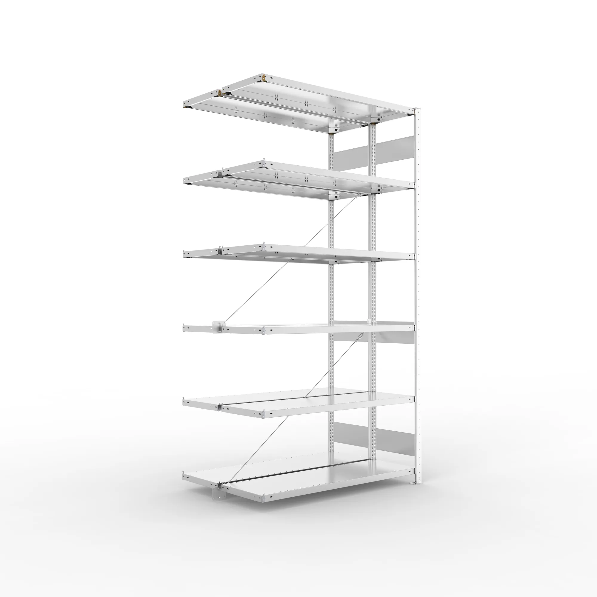 META CLIP S3, Fachbodenregal, Doppel-Anbauregal, 2500 x 1300 x 400 mm, Fachlast 150 kg, 6 Ebenen, verzinkt – Ansicht in Blickhöhe
