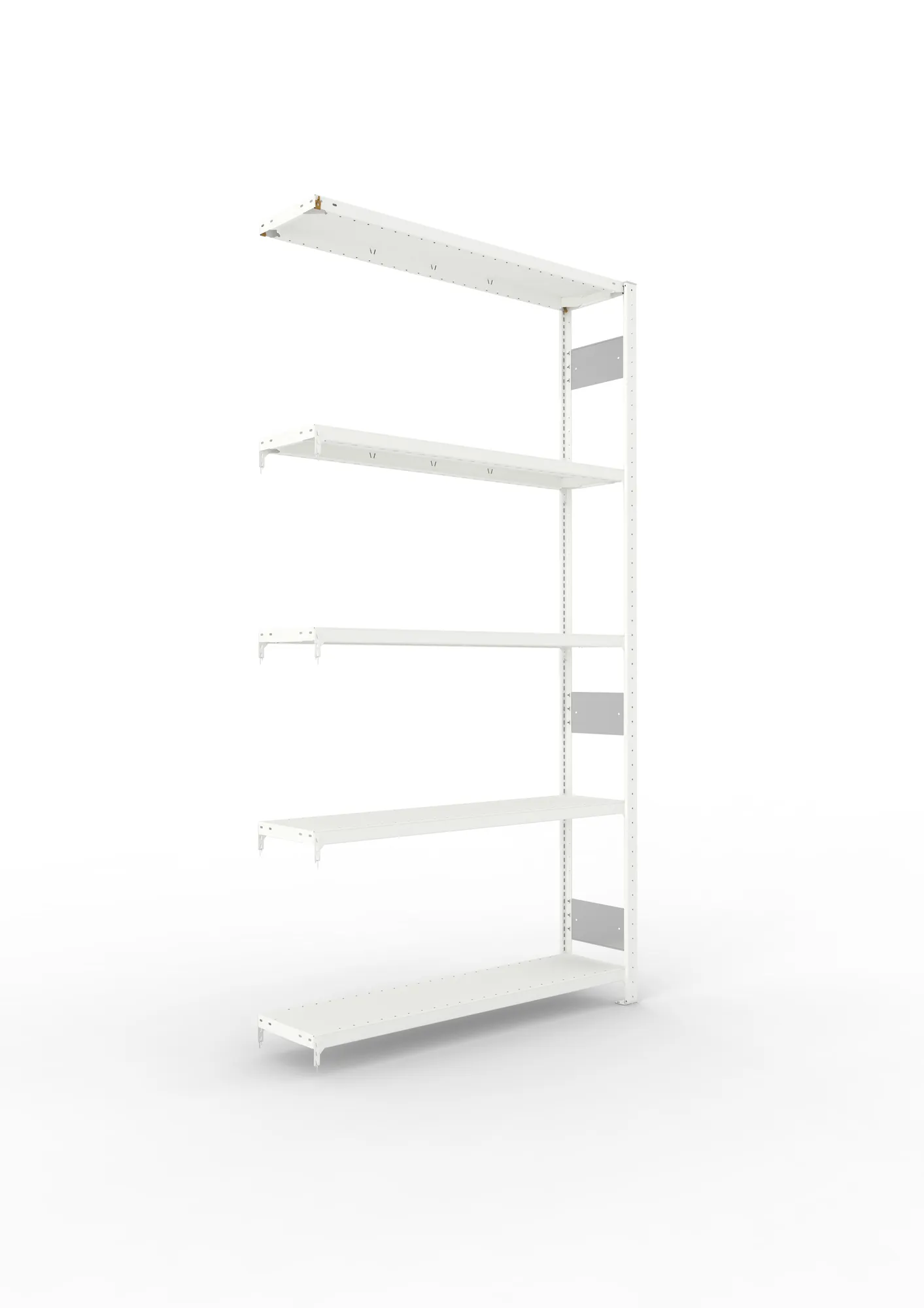 META CLIP S3, Fachbodenregal, Anbauregal, 2500 x 1300 x 300 mm, Fachlast 230 kg, 5 Ebenen, Längsriegel, RAL 7035 – Ansicht in Blickhöhe