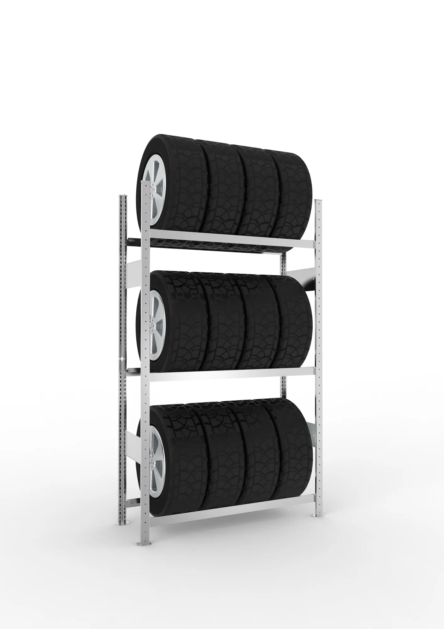 META CLIP SPLIT, Reifenregal, Grundregal, 2000 x 1150 x 400 mm, Fachlast 150 kg, 3 Ebenen, verzinkt – Ansicht in Blickhöhe