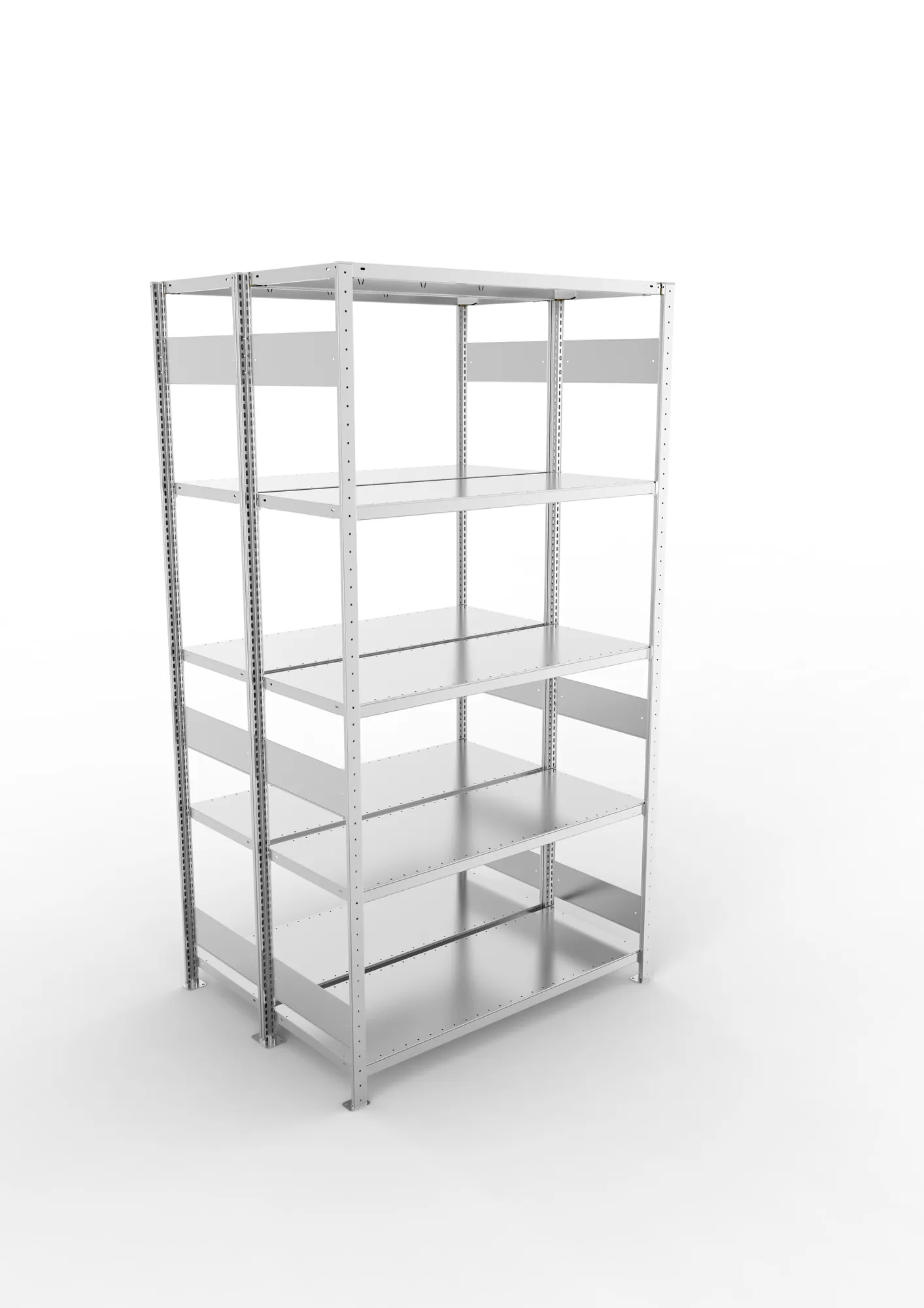META CLIP S3, Fachbodenregal, Doppel-Grundregal, 2500 x 1300 x 500 mm, Fachlast 230 kg, 5 Ebenen, Längsriegel, verzinkt – Ansicht von oben