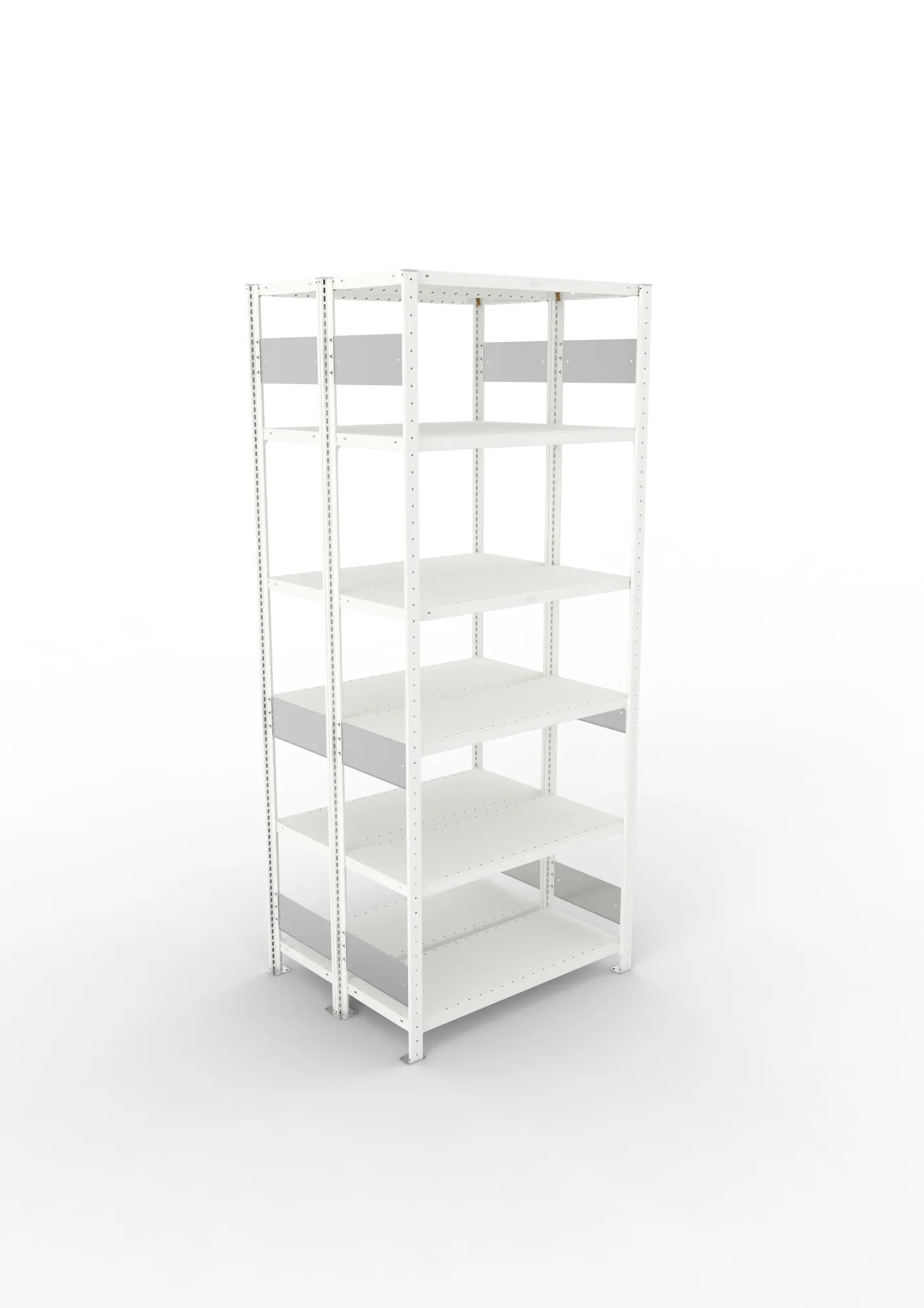 META CLIP S3, Fachbodenregal, Doppel-Grundregal, 2500 x 1000 x 400 mm, Fachlast 230 kg, 6 Ebenen, Längsriegel, RAL 7035 – Ansicht von oben