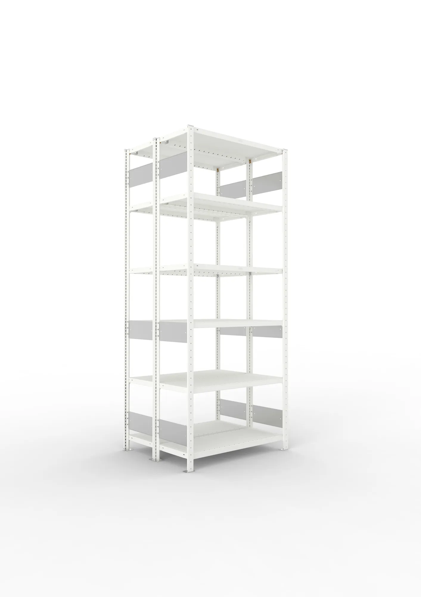 META CLIP S3, Fachbodenregal, Doppel-Grundregal, 2500 x 1000 x 400 mm, Fachlast 230 kg, 6 Ebenen, Längsriegel, RAL 7035 – Ansicht in Blickhöhe