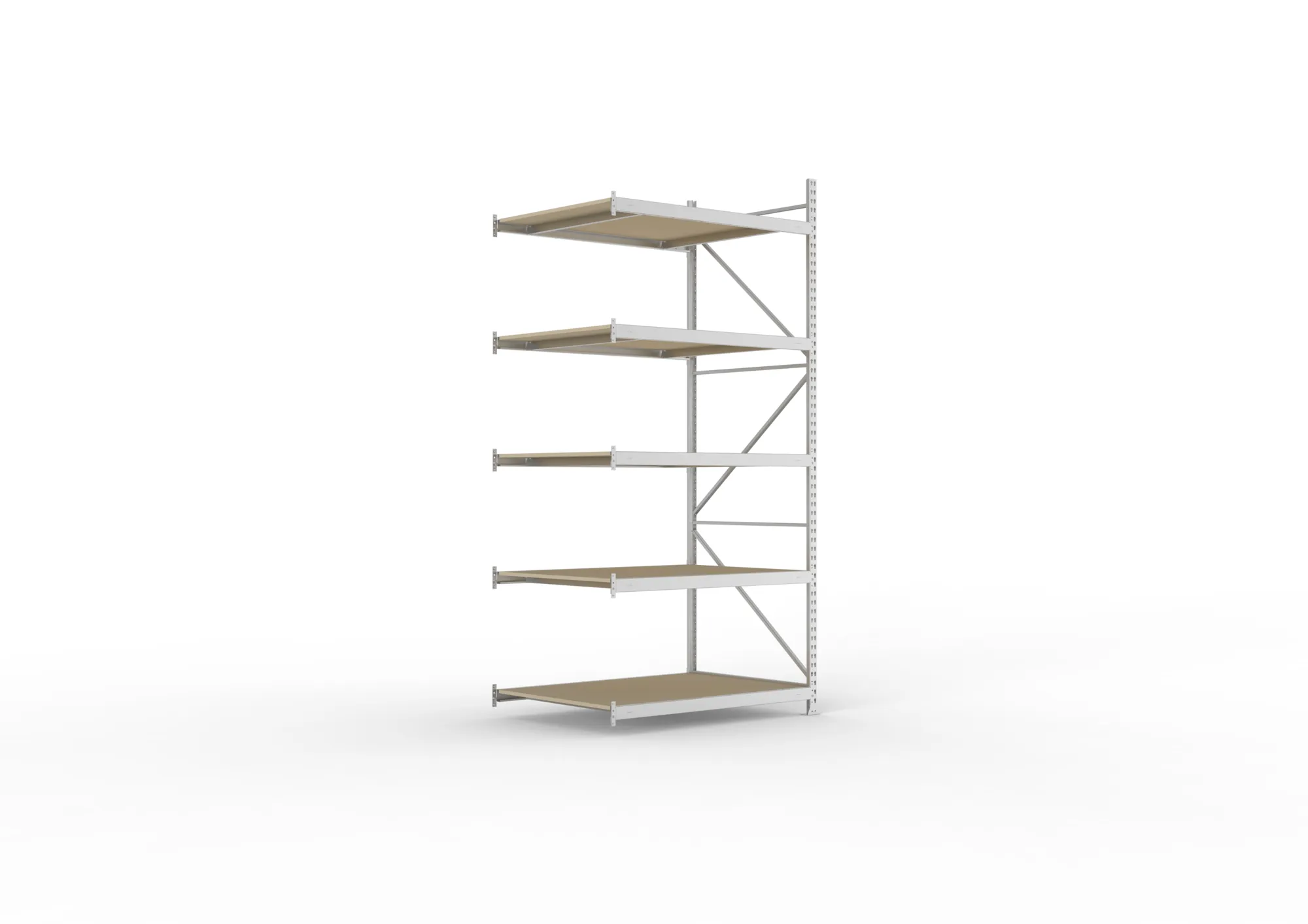 META MINI-RACK, Weitspannregal, Anbauregal, 3000 x 1400 x 1050 mm, Fachlast 600 kg, Spanplattenböden, 5 Ebenen – Ansicht in Blickhöhe