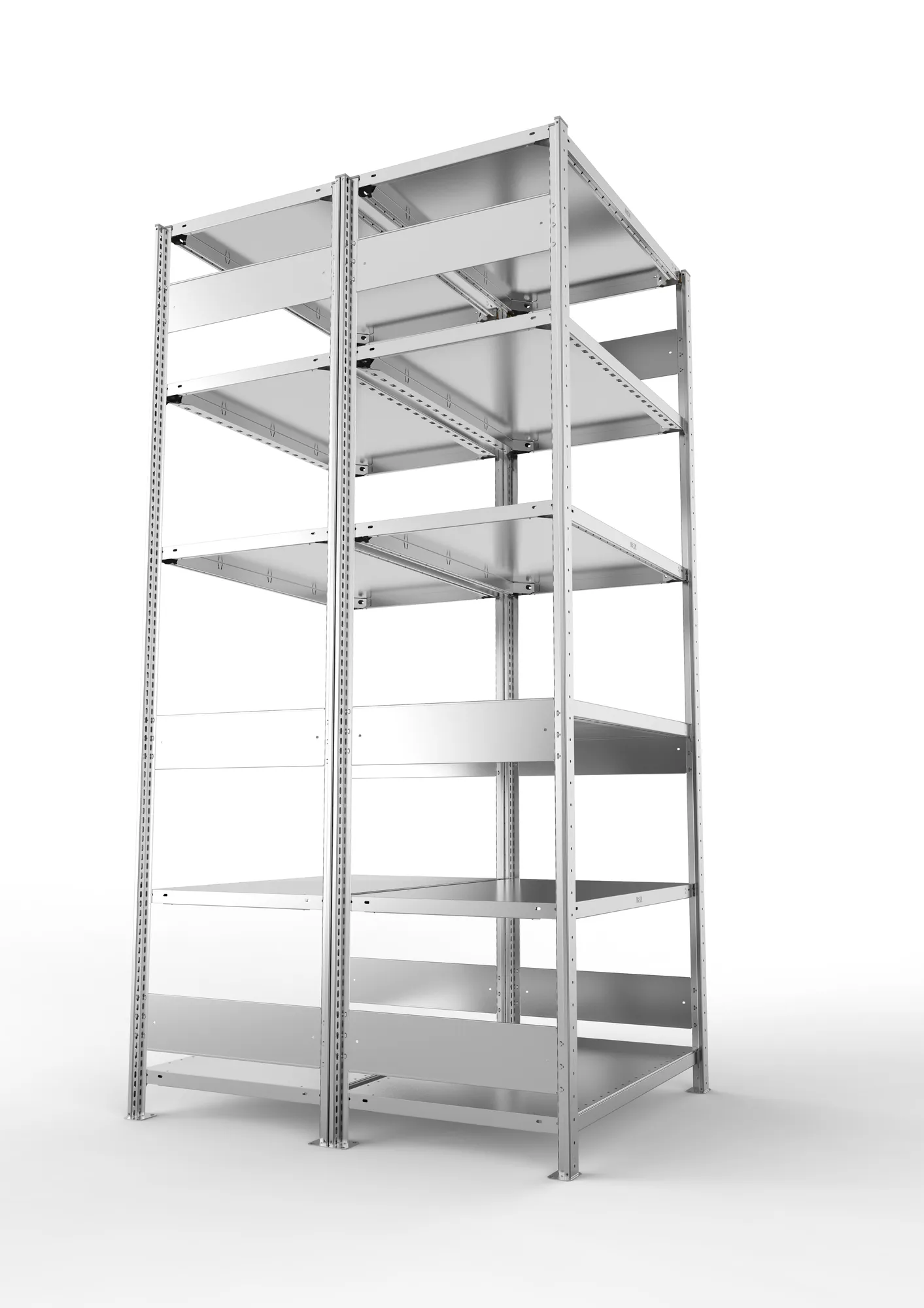 META CLIP S3, Fachbodenregal, Doppel-Grundregal, 2500 x 1000 x 600 mm, Fachlast 150 kg, 6 Ebenen, Längsriegel, verzinkt – Seitenansicht