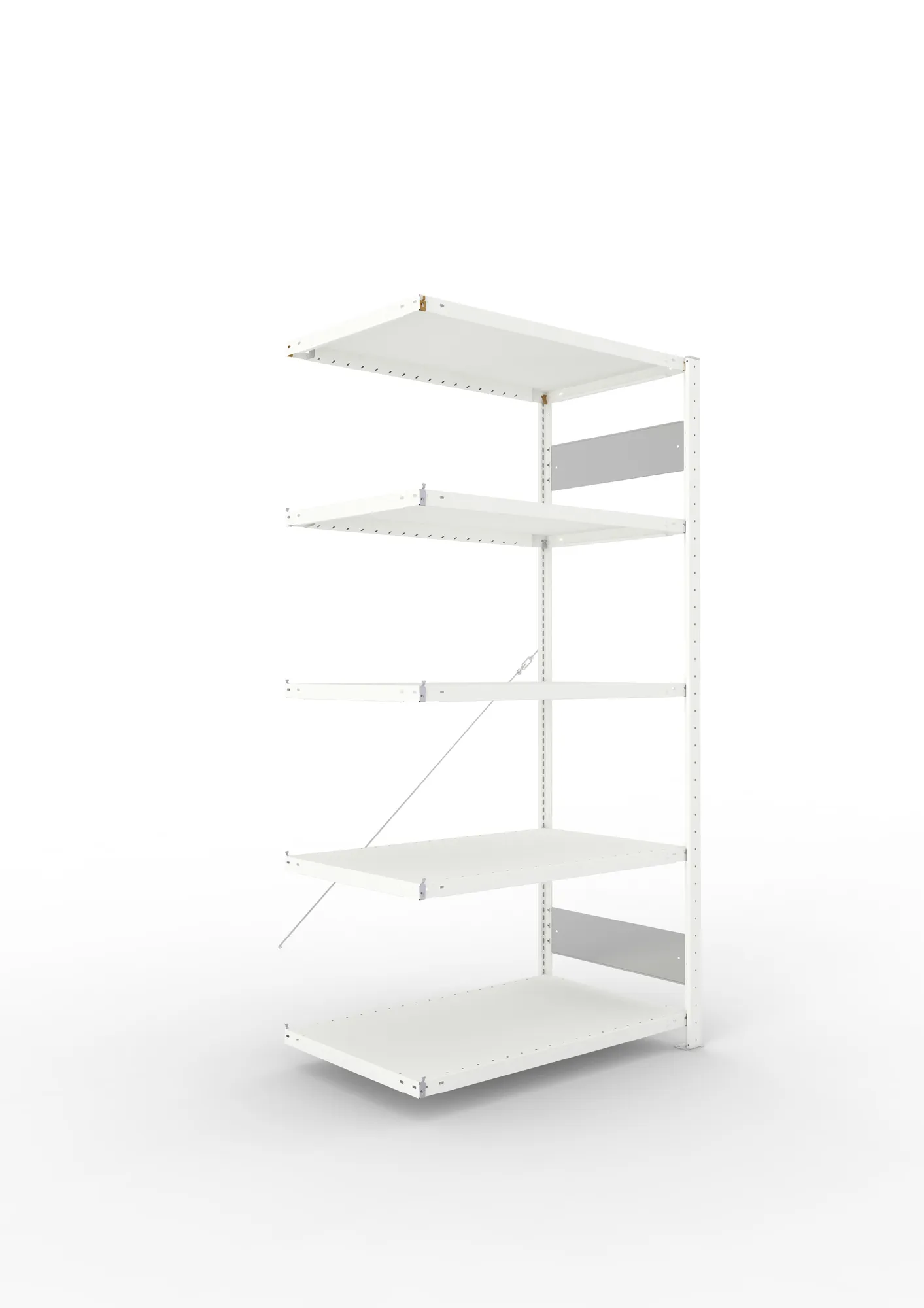 META CLIP S3, Fachbodenregal, Anbauregal, 2000 x 1000 x 600 mm, Fachlast 230 kg, 5 Ebenen, RAL 7035 – Ansicht in Blickhöhe