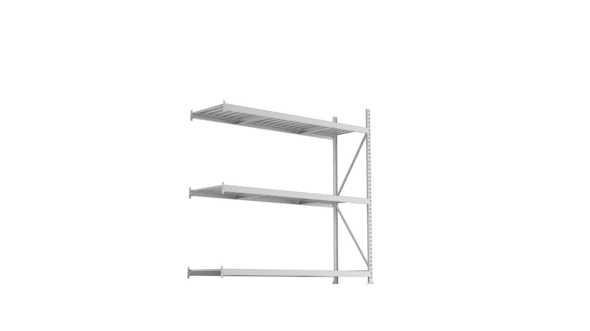 META MINI-RACK, Weitspannregal, Anbauregal, 2200 x 2200 x 650 mm, Fachlast 600 kg, Stahlpaneelböden, 3 Ebenen – Ansicht von unten