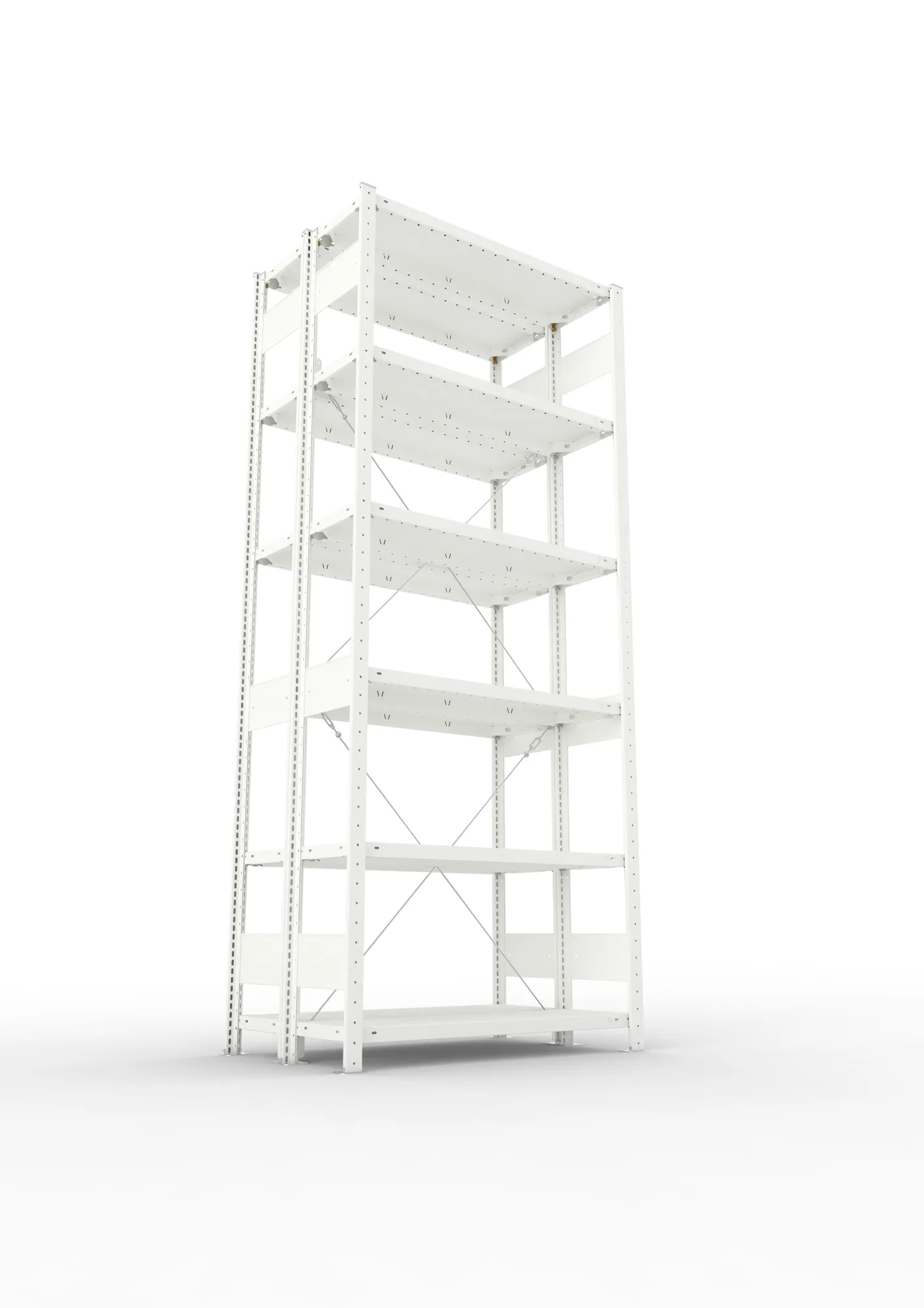 META CLIP, Fachbodenregal, Doppel-Grundregal, 2500 x 1000 x 300 mm, Fachlast 150 kg, 6 Ebenen, RAL 7035 – Ansicht von unten