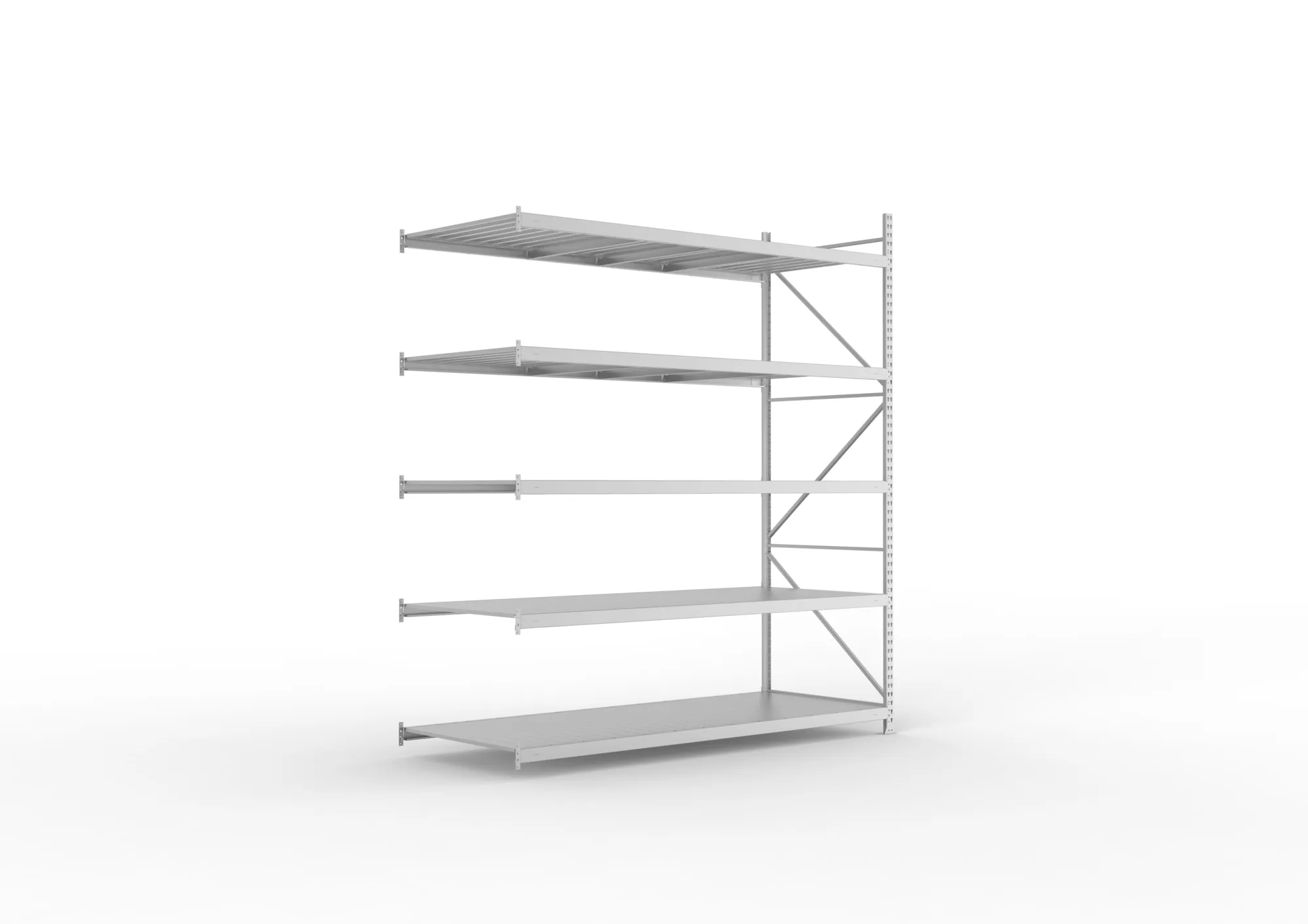 META MINI-RACK, Weitspannregal, Anbauregal, 3000 x 2600 x 1050 mm, Fachlast 490 kg, Stahlpaneelböden, 5 Ebenen – Ansicht in Blickhöhe