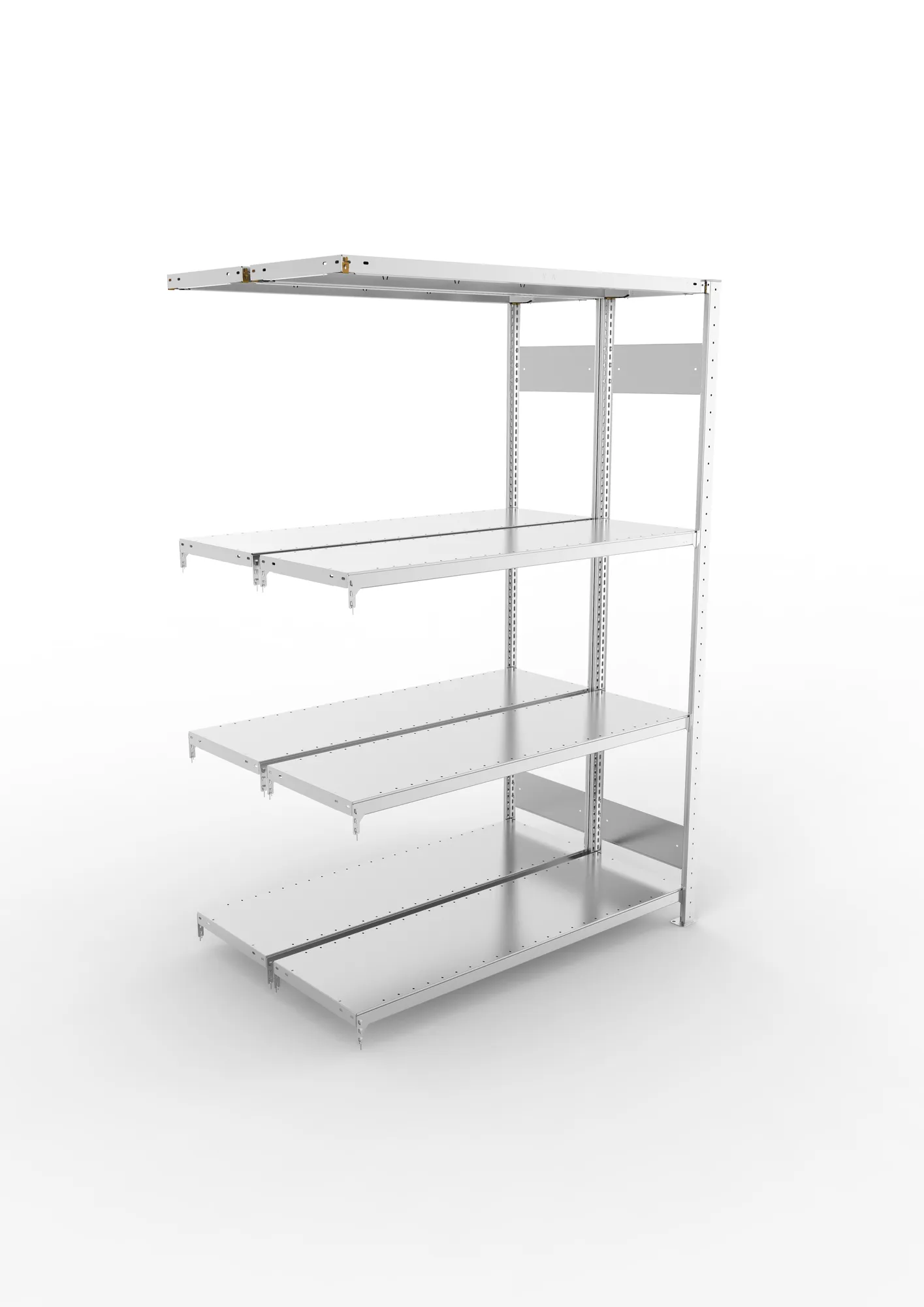 META CLIP S3, Fachbodenregal, Doppel-Anbauregal, 2000 x 1300 x 400 mm, Fachlast 230 kg, 4 Ebenen, Längsriegel, verzinkt – Ansicht von oben