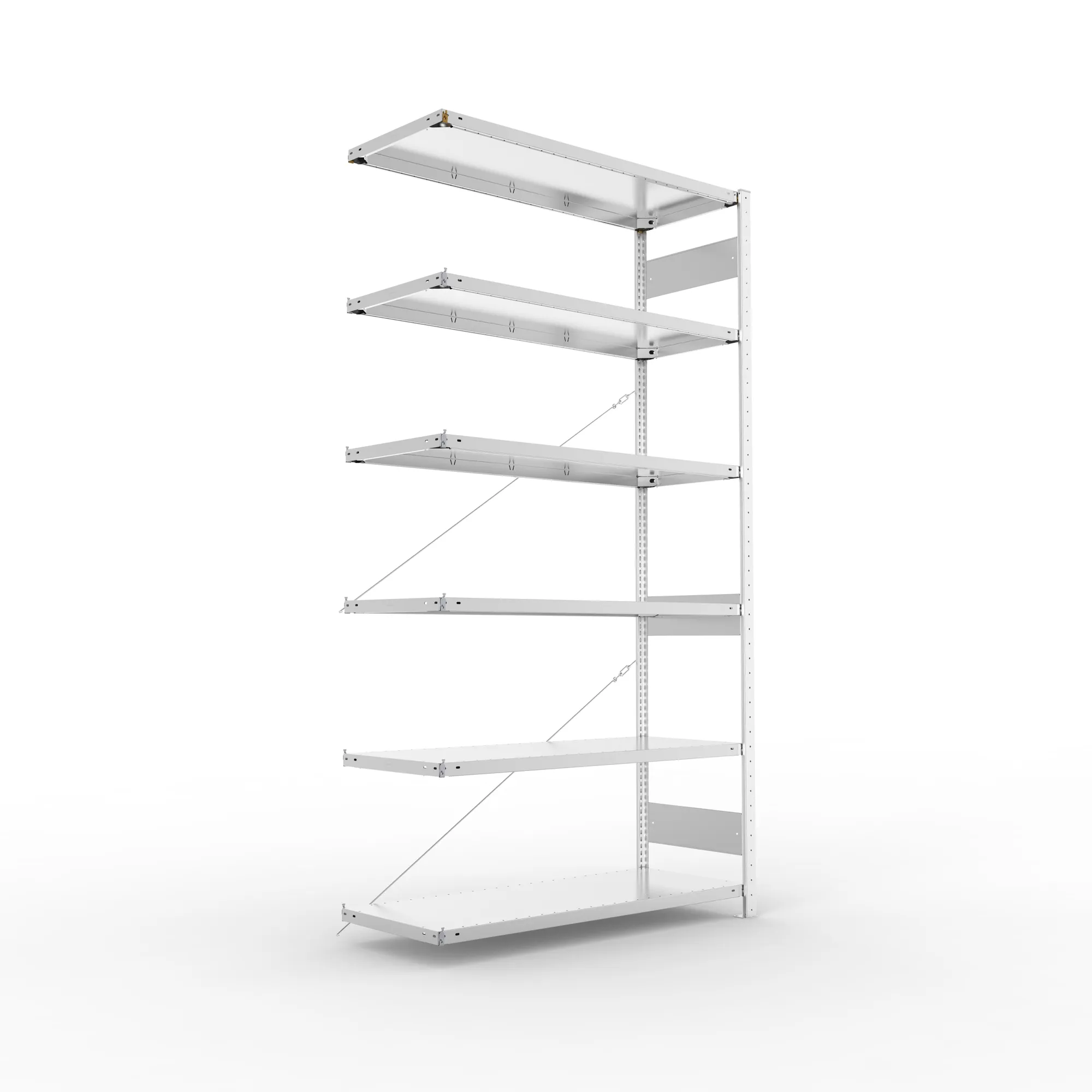META CLIP, Fachbodenregal, Anbauregal, 2500 x 1300 x 500 mm, Fachlast 230 kg, 6 Ebenen, verzinkt – Ansicht in Blickhöhe