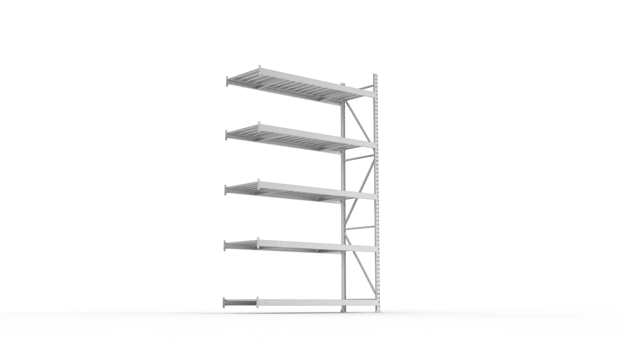 META MINI-RACK, Weitspannregal, Anbauregal, 3000 x 1800 x 650 mm, Fachlast 600 kg, Stahlpaneelböden, 5 Ebenen – Ansicht von unten