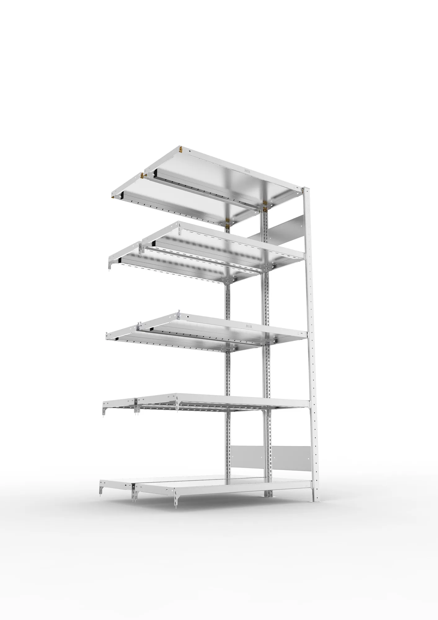 META CLIP S3, Fachbodenregal, Doppel-Anbauregal, 2000 x 1000 x 400 mm, Fachlast 230 kg, 5 Ebenen, Längsriegel, verzinkt – Ansicht von unten