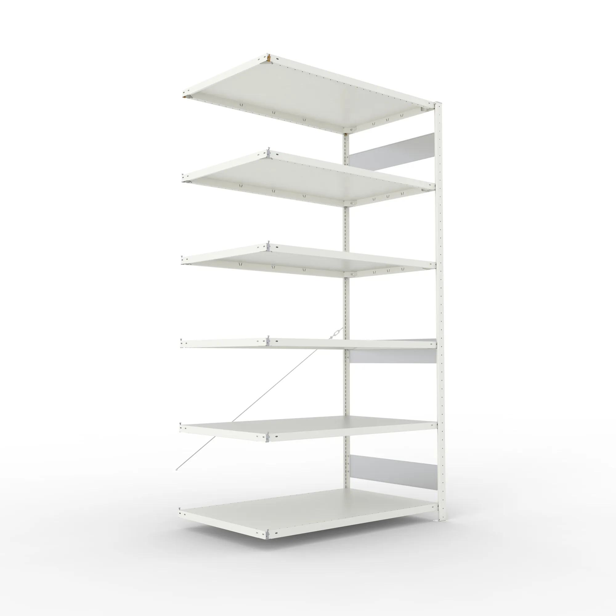 META CLIP S3, Fachbodenregal, Anbauregal, 2500 x 1300 x 800 mm, Fachlast 230 kg, 6 Ebenen, RAL 7035 – Ansicht in Blickhöhe