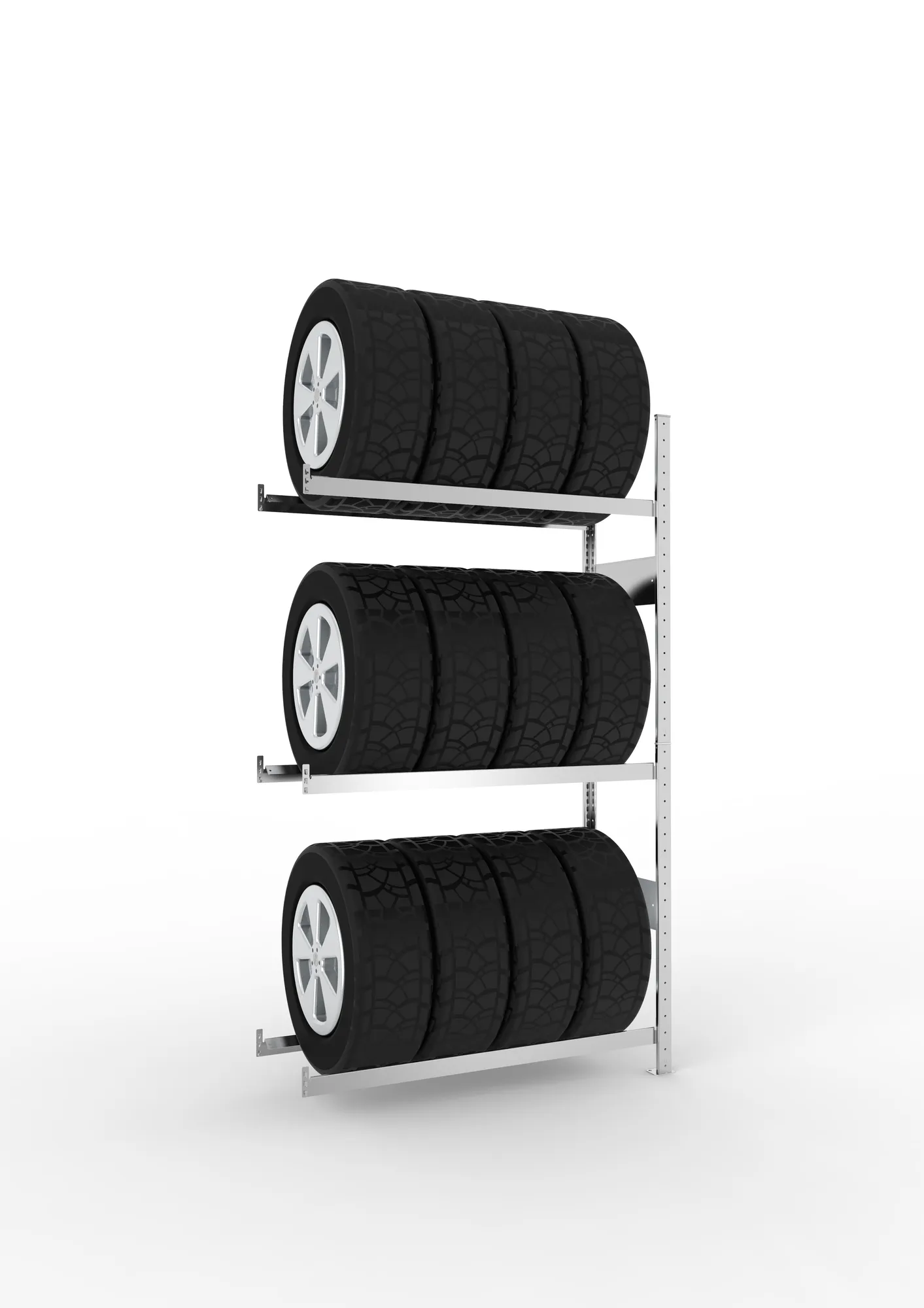 META CLIP SPLIT, Reifenregal, Anbauregal, 2000 x 1150 x 400 mm, Fachlast 150 kg, 3 Ebenen, verzinkt – Ansicht in Blickhöhe