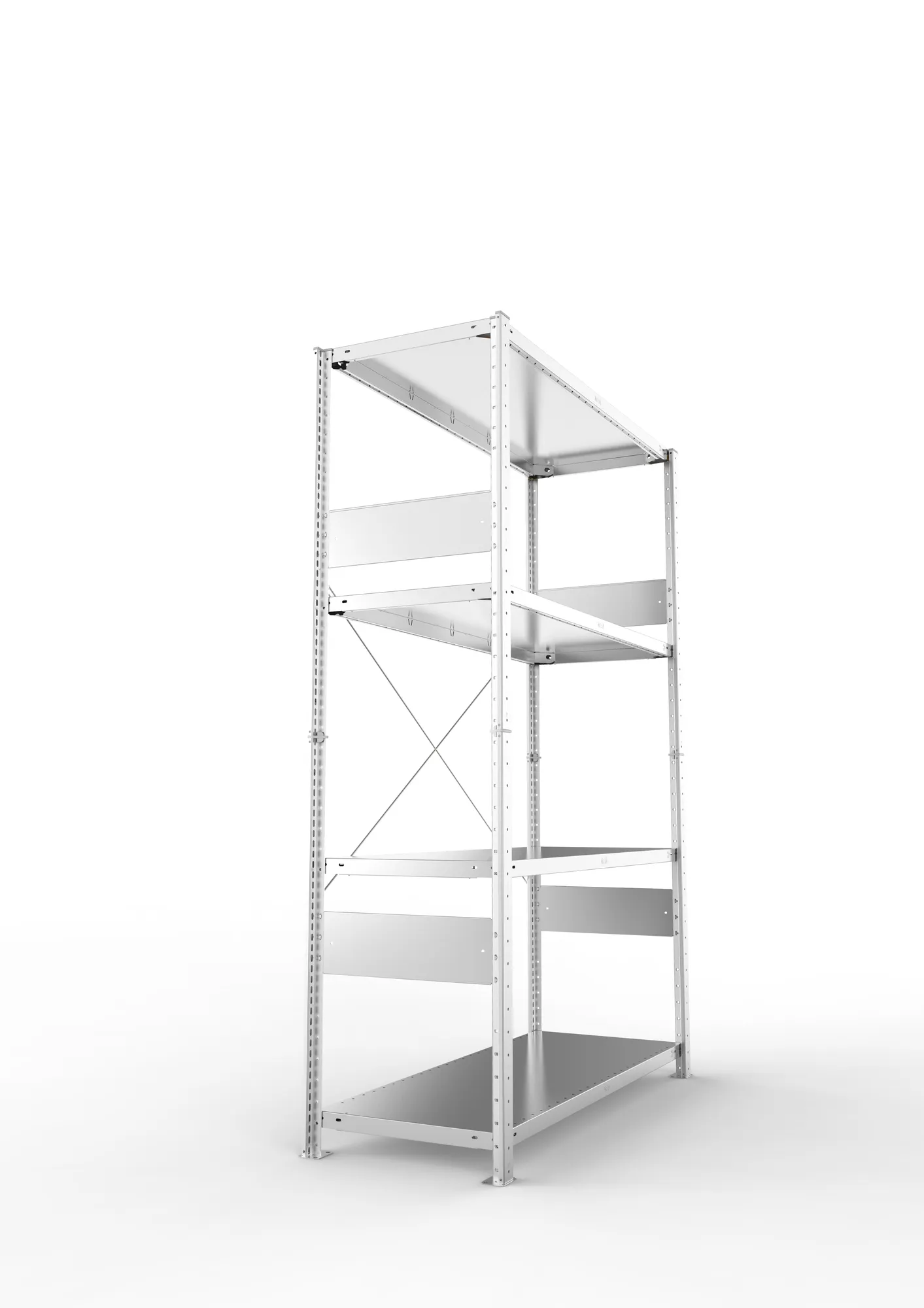META CLIP SPLIT, Fachbodenregal, Grundregal, 2000 x 1300 x 500 mm, Fachlast 230 kg, 4 Ebenen, verzinkt – Seitenansicht
