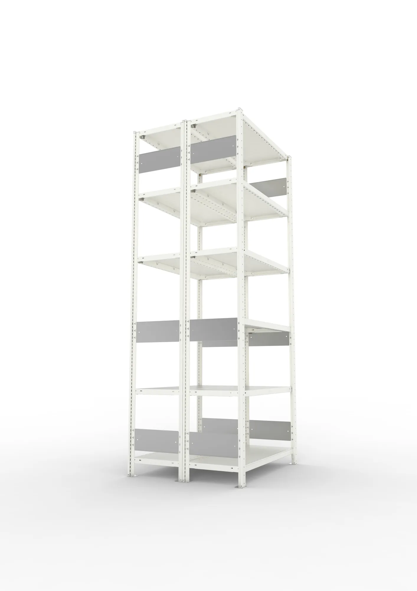 META CLIP S3, Fachbodenregal, Doppel-Grundregal, 2500 x 1000 x 400 mm, Fachlast 150 kg, 6 Ebenen, Längsriegel, RAL 7035 – Seitenansicht