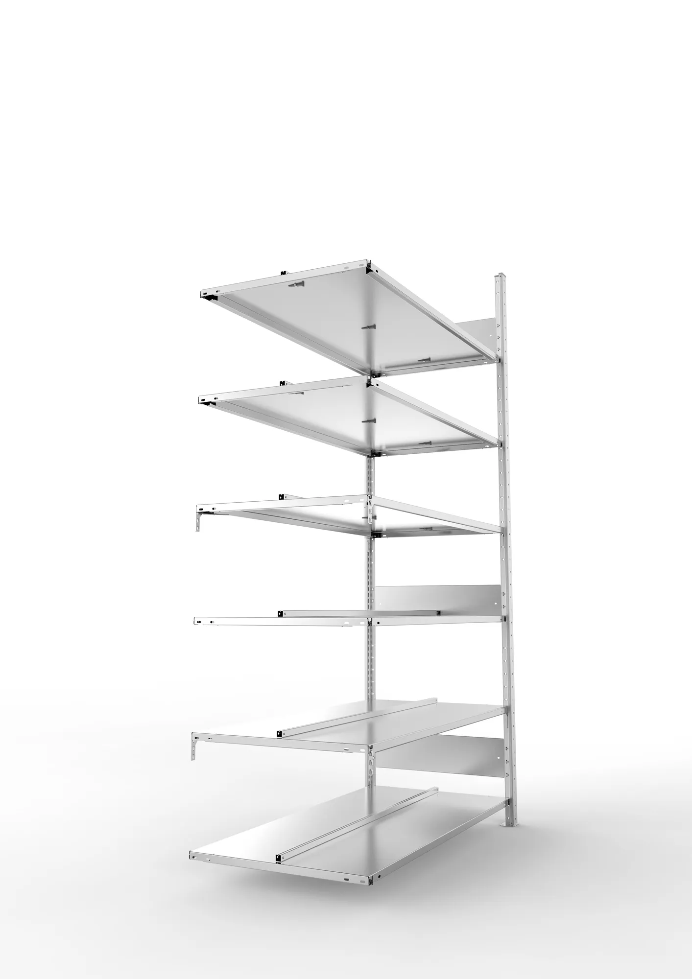 META CLIP COMPACT S3, Büro-Steckregal, Doppel-Anbauregal, 2200 x 1250 x 600 mm, Fachlast 100 kg, 6+0 Ebenen, Mittelanschlag, verzinkt – Seitenansicht