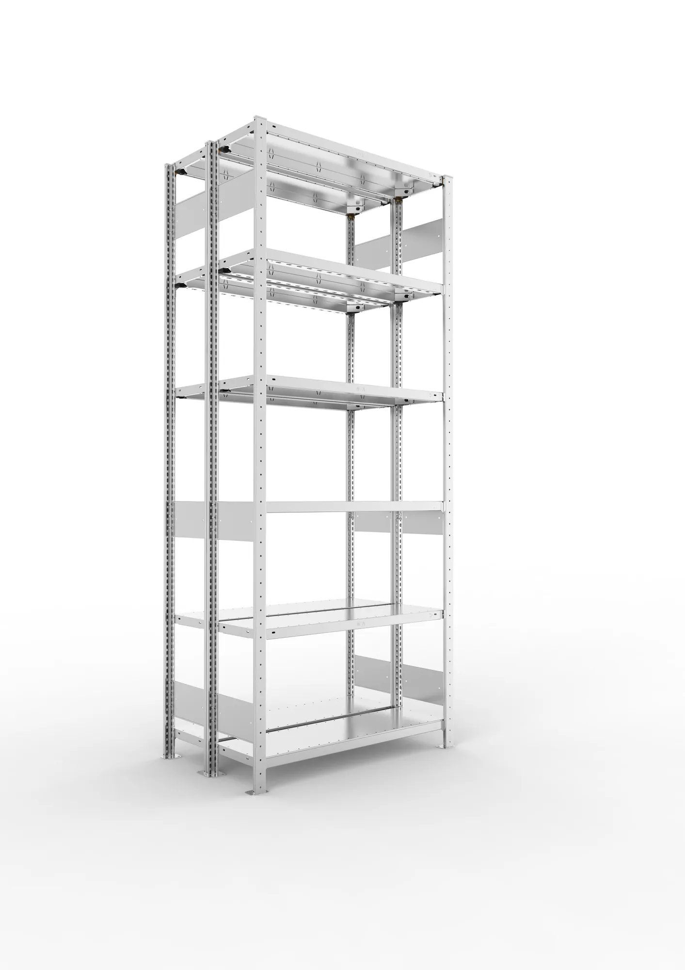 META CLIP S3, Fachbodenregal, Doppel-Grundregal, 2500 x 1000 x 300 mm, Fachlast 150 kg, 6 Ebenen, Längsriegel, verzinkt – Ansicht in Blickhöhe