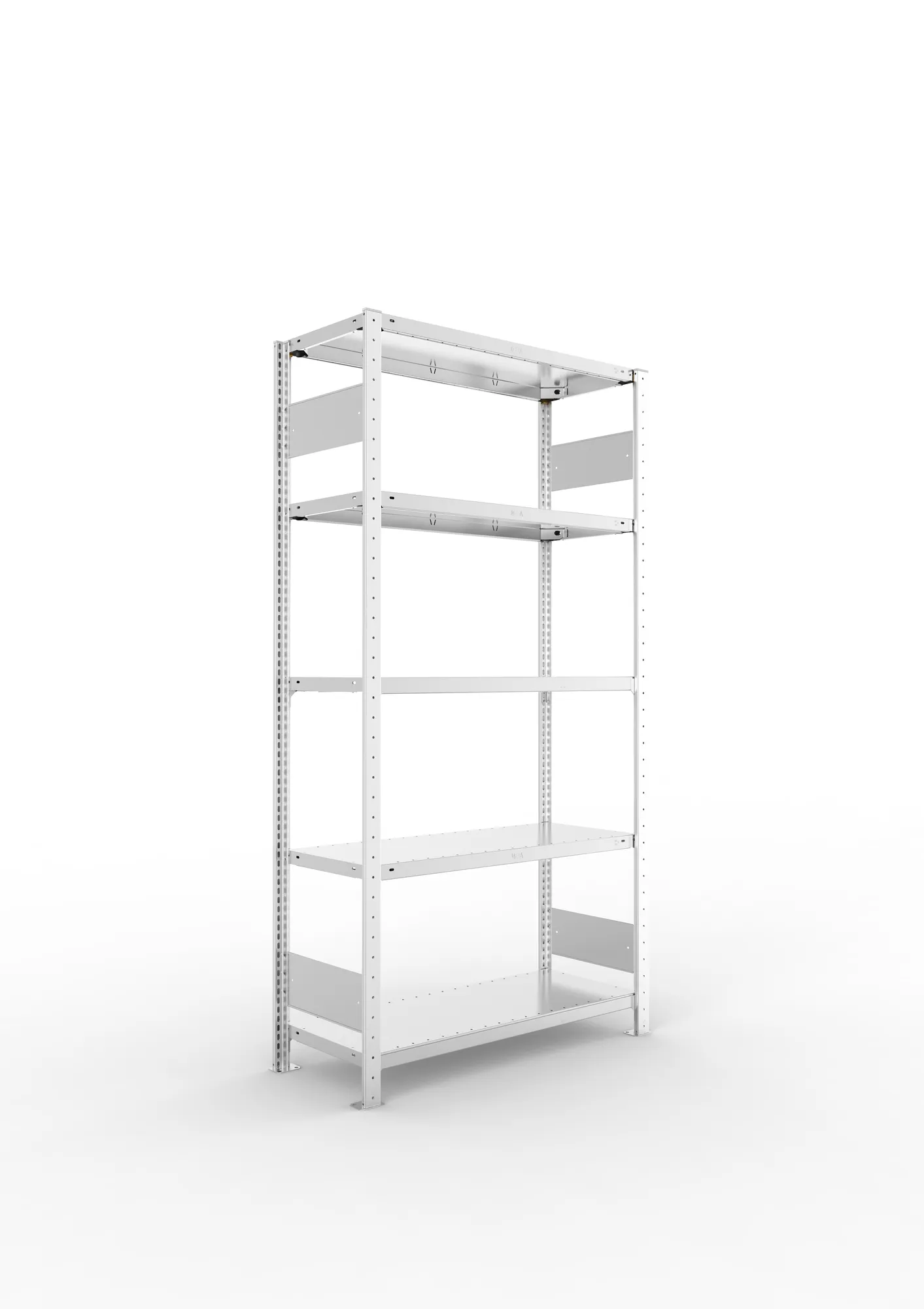 META CLIP S3, Fachbodenregal, Grundregal, 2000 x 1000 x 400 mm, Fachlast 150 kg, 5 Ebenen, Längsriegel, verzinkt – Ansicht in Blickhöhe