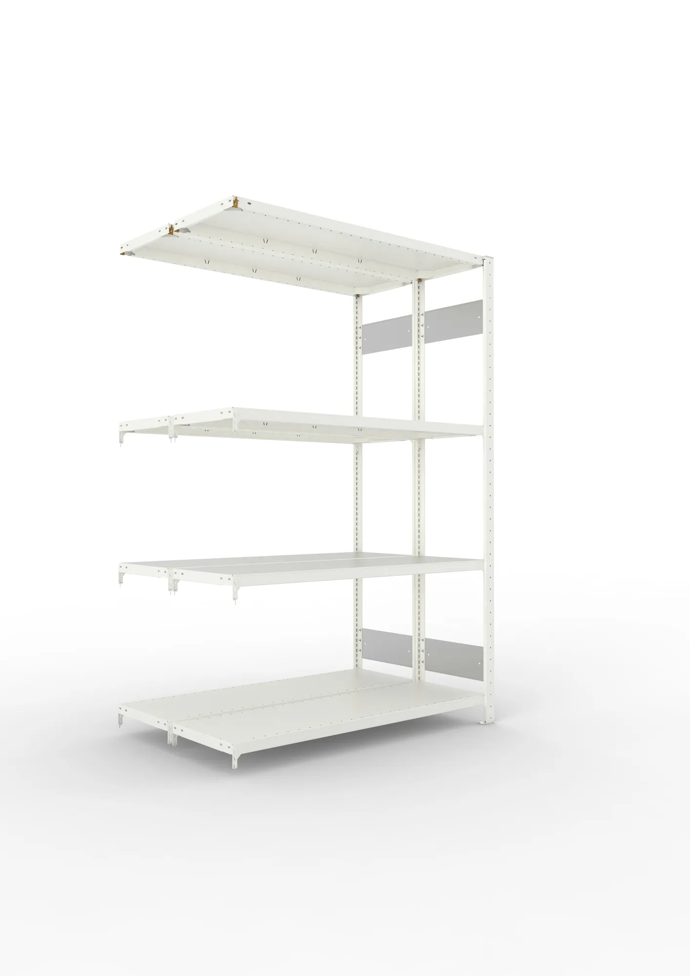META CLIP S3, Fachbodenregal, Doppel-Anbauregal, 2000 x 1300 x 400 mm, Fachlast 230 kg, 4 Ebenen, Längsriegel, RAL 7035 – Ansicht in Blickhöhe