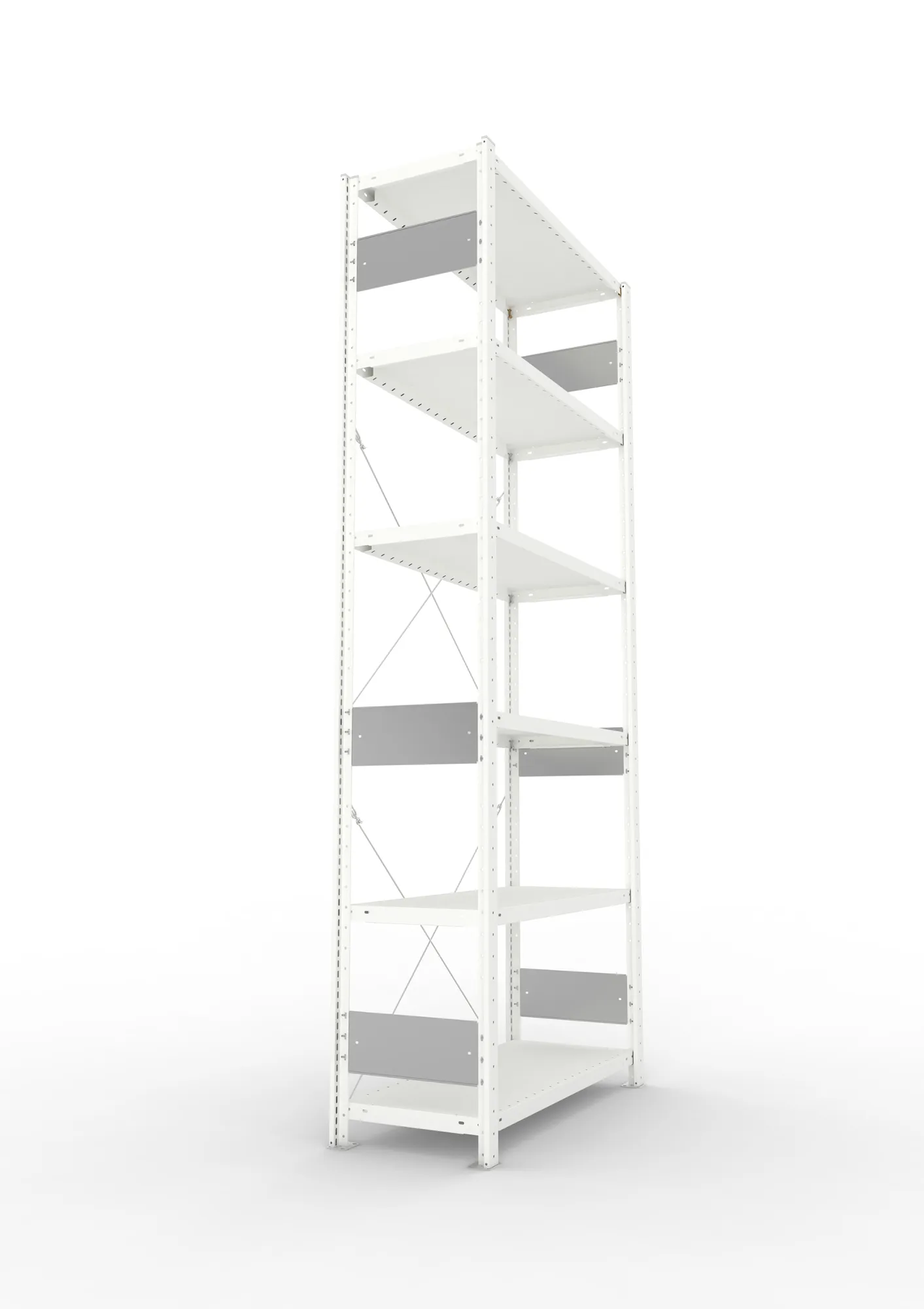 META CLIP S3, Fachbodenregal, Grundregal, 2500 x 1000 x 400 mm, Fachlast 230 kg, 6 Ebenen, RAL 7035 – Seitenansicht