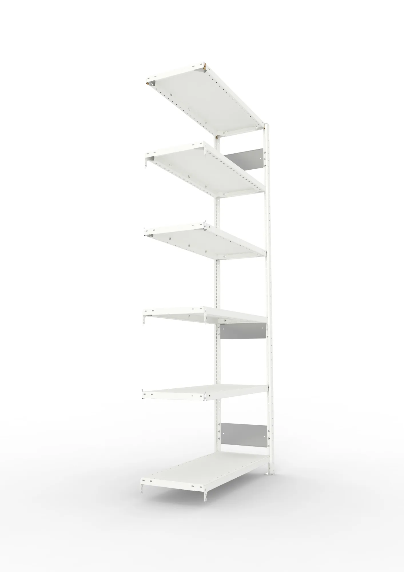META CLIP S3, Fachbodenregal, Anbauregal, 2500 x 1000 x 400 mm, Fachlast 150 kg, 6 Ebenen, Längsriegel, RAL 7035 – Seitenansicht