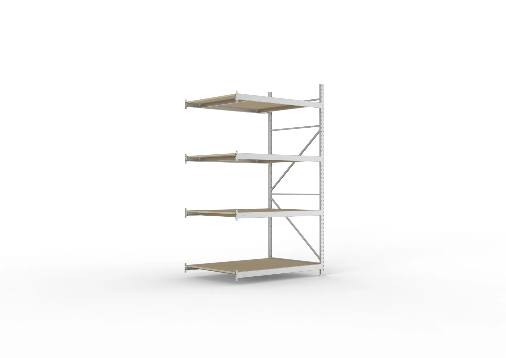 META MINI-RACK, Weitspannregal, Anbauregal, 2500 x 1400 x 1050 mm, Fachlast 600 kg, Spanplattenböden, 4 Ebenen – Ansicht in Blickhöhe