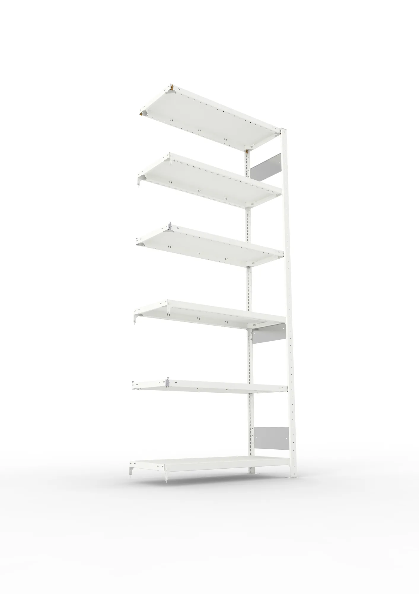 META CLIP S3, Fachbodenregal, Anbauregal, 2500 x 1000 x 400 mm, Fachlast 150 kg, 6 Ebenen, Längsriegel, RAL 7035 – Ansicht von unten