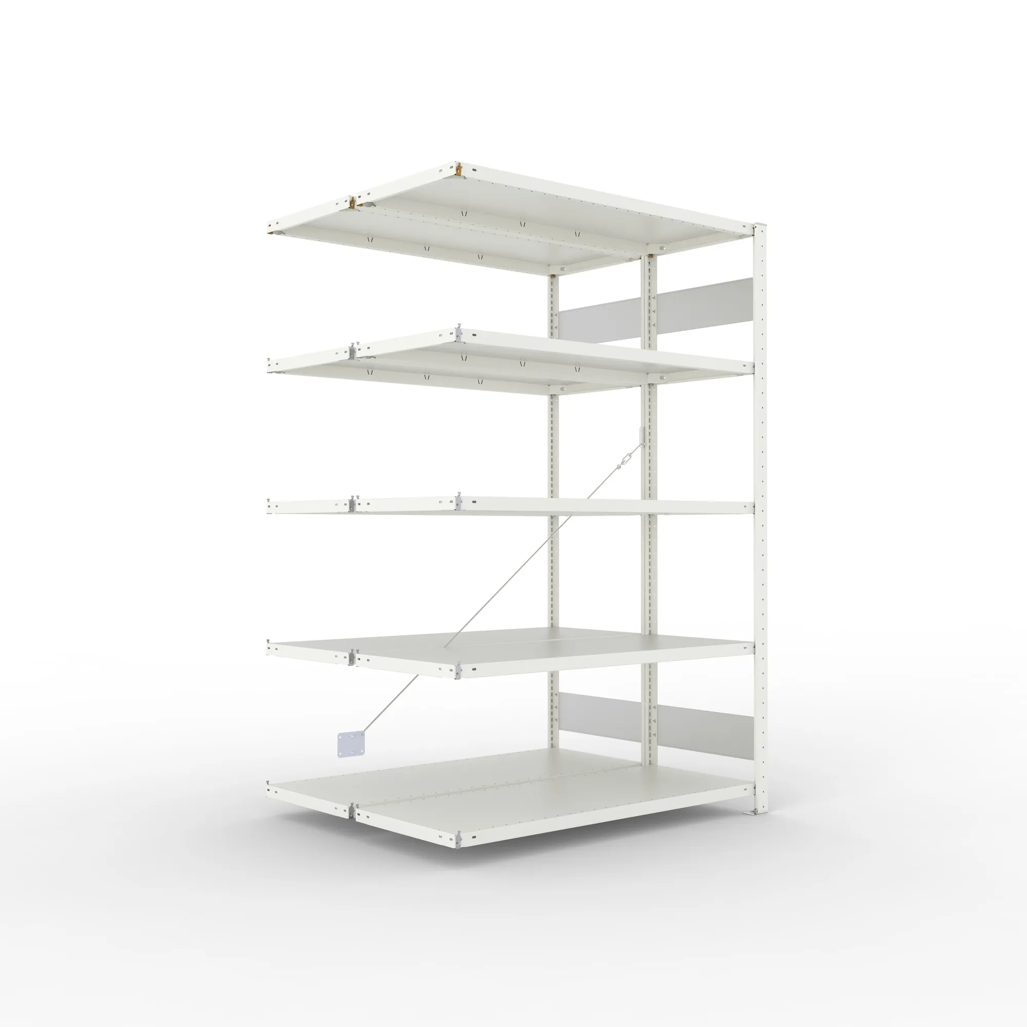 META CLIP S3, Fachbodenregal, Doppel-Anbauregal, 2000 x 1300 x 500 mm, Fachlast 150 kg, 5 Ebenen, RAL 7035 – Ansicht in Blickhöhe