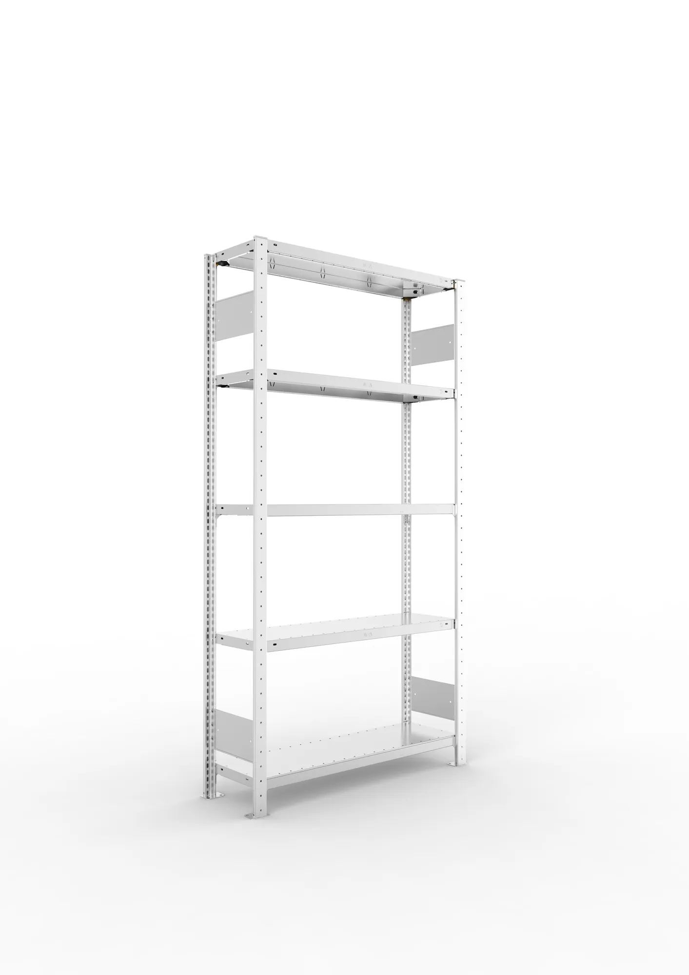 META CLIP S3, Fachbodenregal, Grundregal, 2000 x 1000 x 300 mm, Fachlast 150 kg, 5 Ebenen, Längsriegel, verzinkt – Ansicht in Blickhöhe