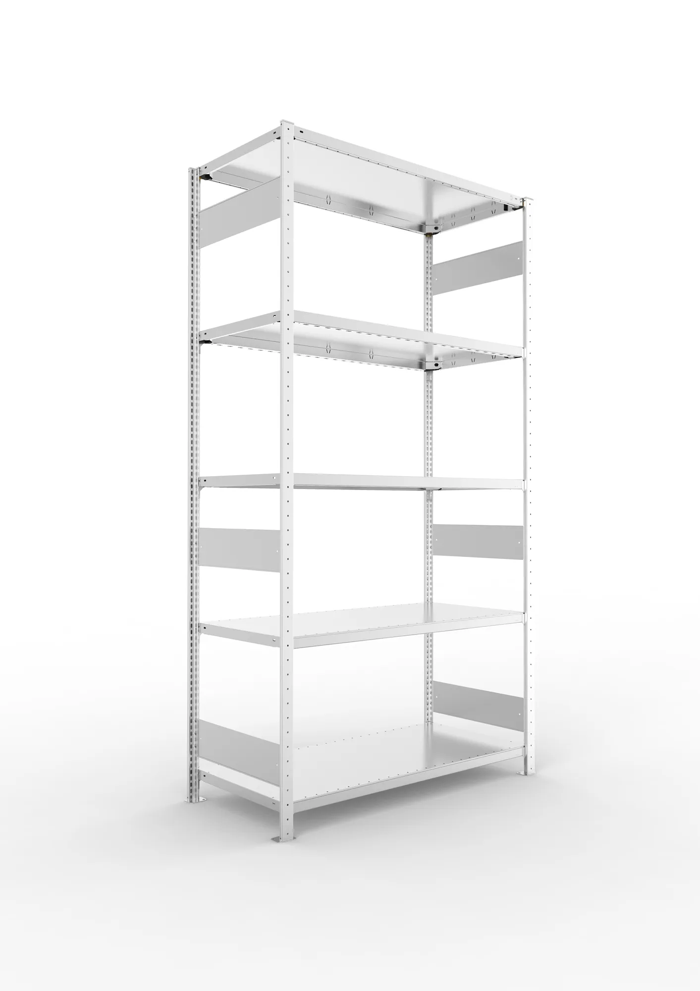 META CLIP S3, Fachbodenregal, Grundregal, 2500 x 1300 x 600 mm, Fachlast 230 kg, 5 Ebenen, Längsriegel, verzinkt – Ansicht in Blickhöhe