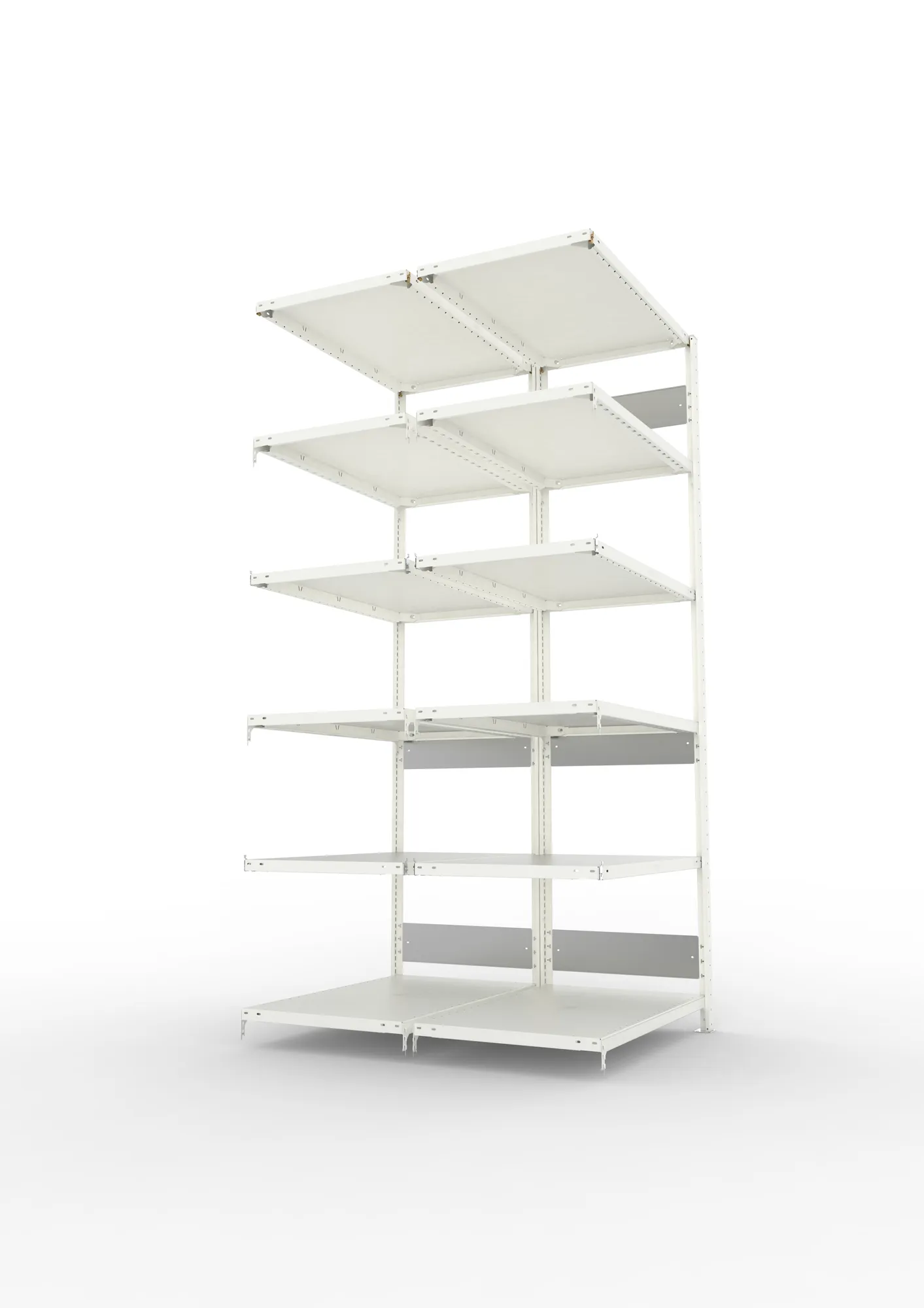 META CLIP S3, Fachbodenregal, Doppel-Anbauregal, 2500 x 1000 x 600 mm, Fachlast 150 kg, 6 Ebenen, Längsriegel, RAL 7035 – Seitenansicht