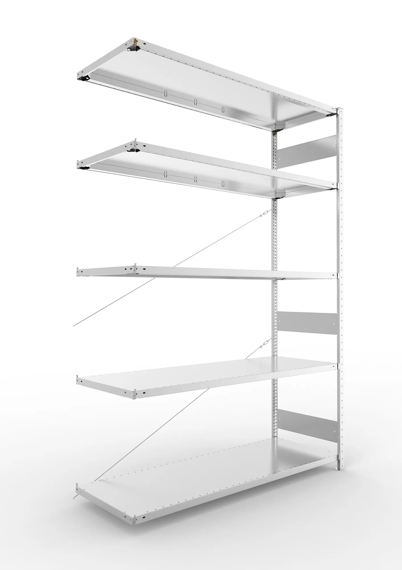 META CLIP S3, Fachbodenregal, Anbauregal, 2500 x 1700 x 600 mm, Fachlast 200 kg, 5 Ebenen, verzinkt – Ansicht in Blickhöhe