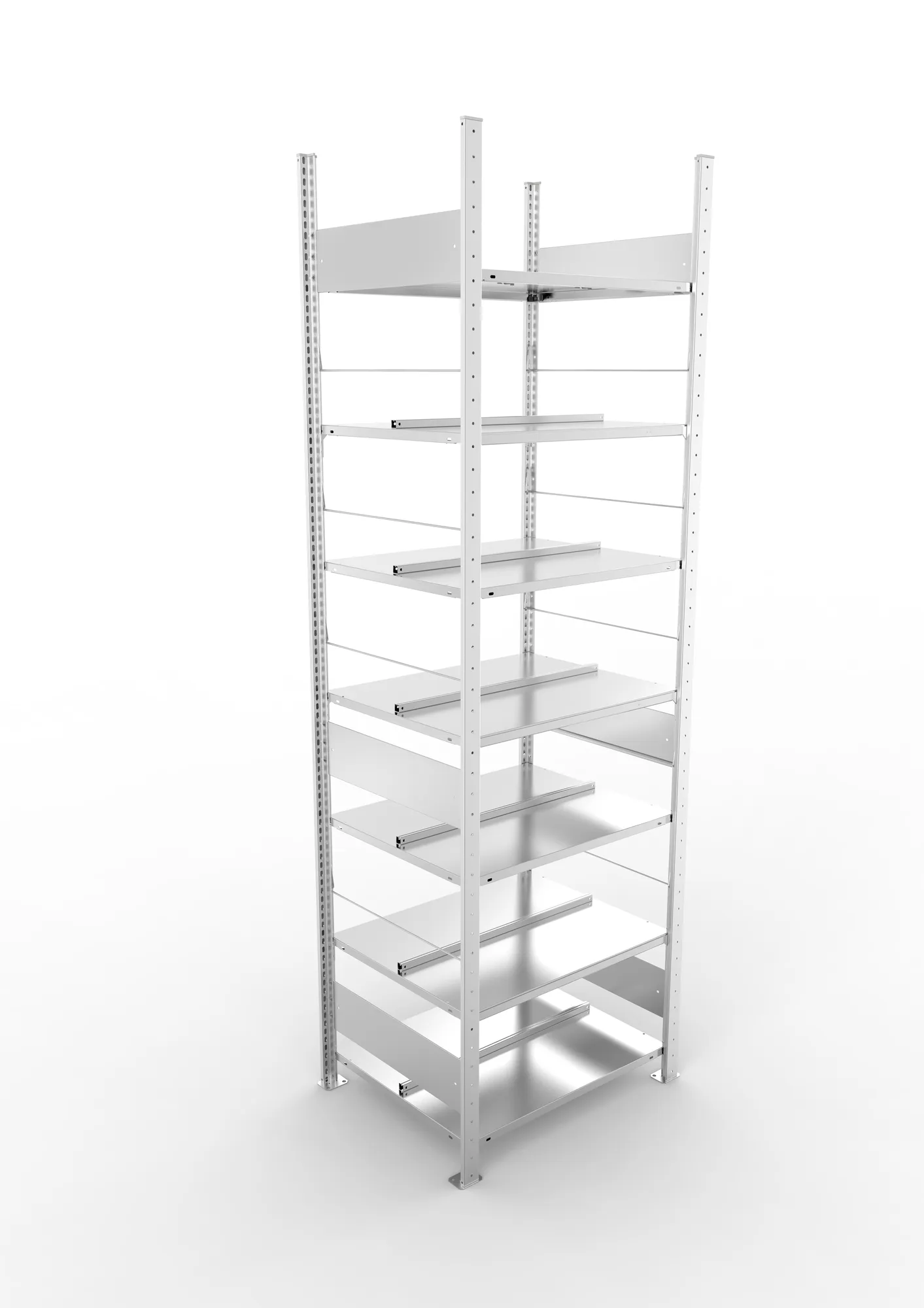 META CLIP COMPACT S3, Büro-Steckregal, Doppel-Grundregal, 2500 x 750 x 600 mm, Fachlast 100 kg, 7+0 Ebenen, Mittelanschlag, verzinkt – Ansicht von oben