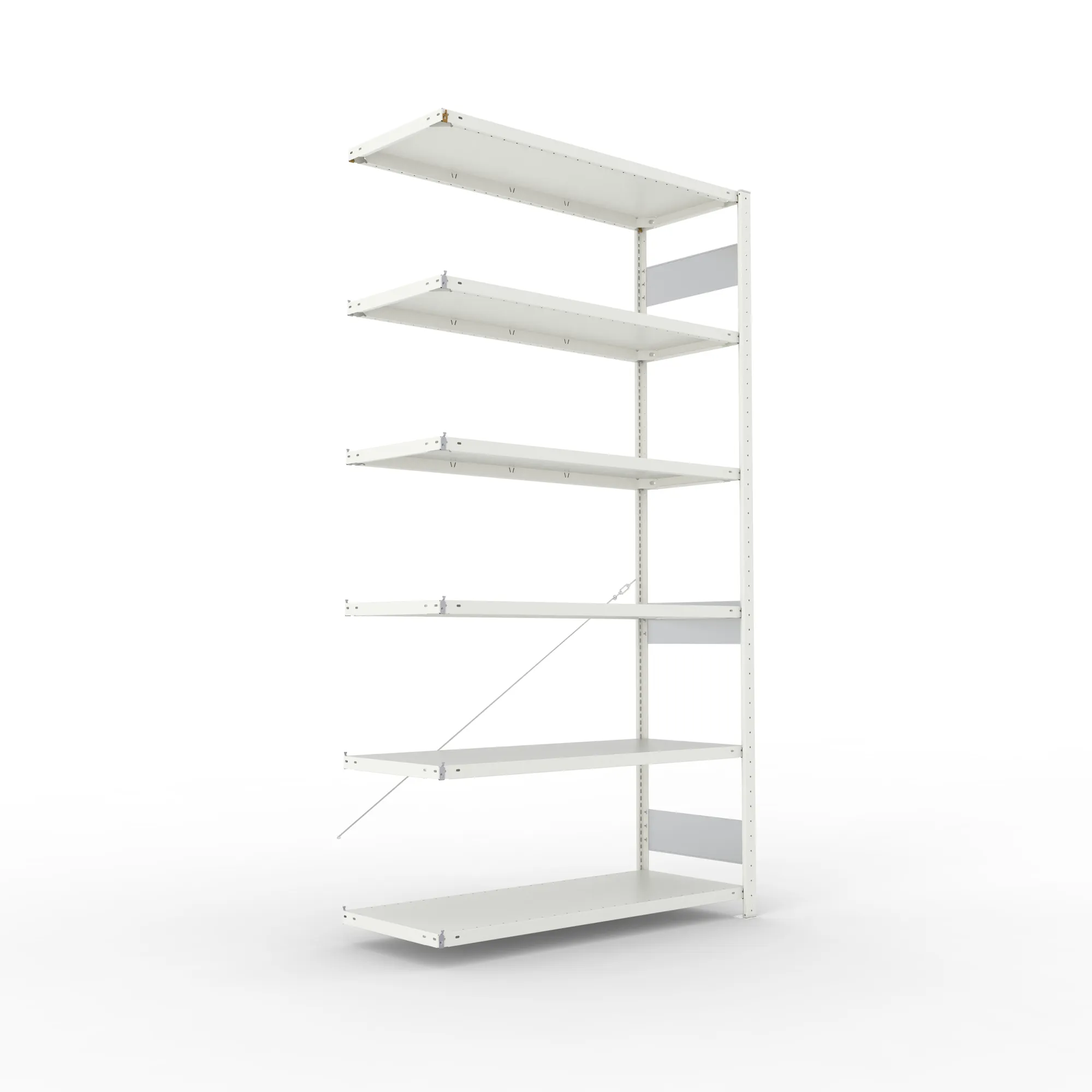 META CLIP S3, Fachbodenregal, Anbauregal, 2500 x 1300 x 500 mm, Fachlast 230 kg, 6 Ebenen, RAL 7035 – Ansicht in Blickhöhe