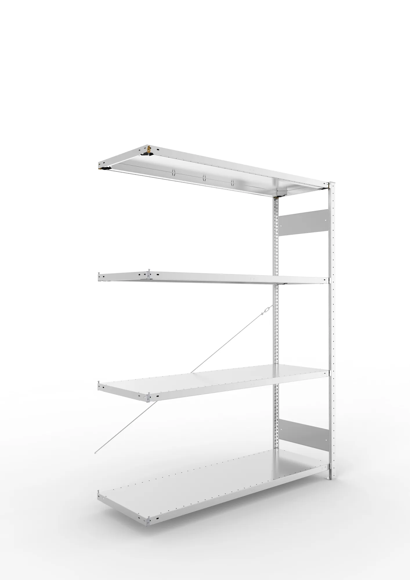 META CLIP S3, Fachbodenregal, Anbauregal, 2000 x 1500 x 500 mm, Fachlast 200 kg, 4 Ebenen, verzinkt – Ansicht in Blickhöhe