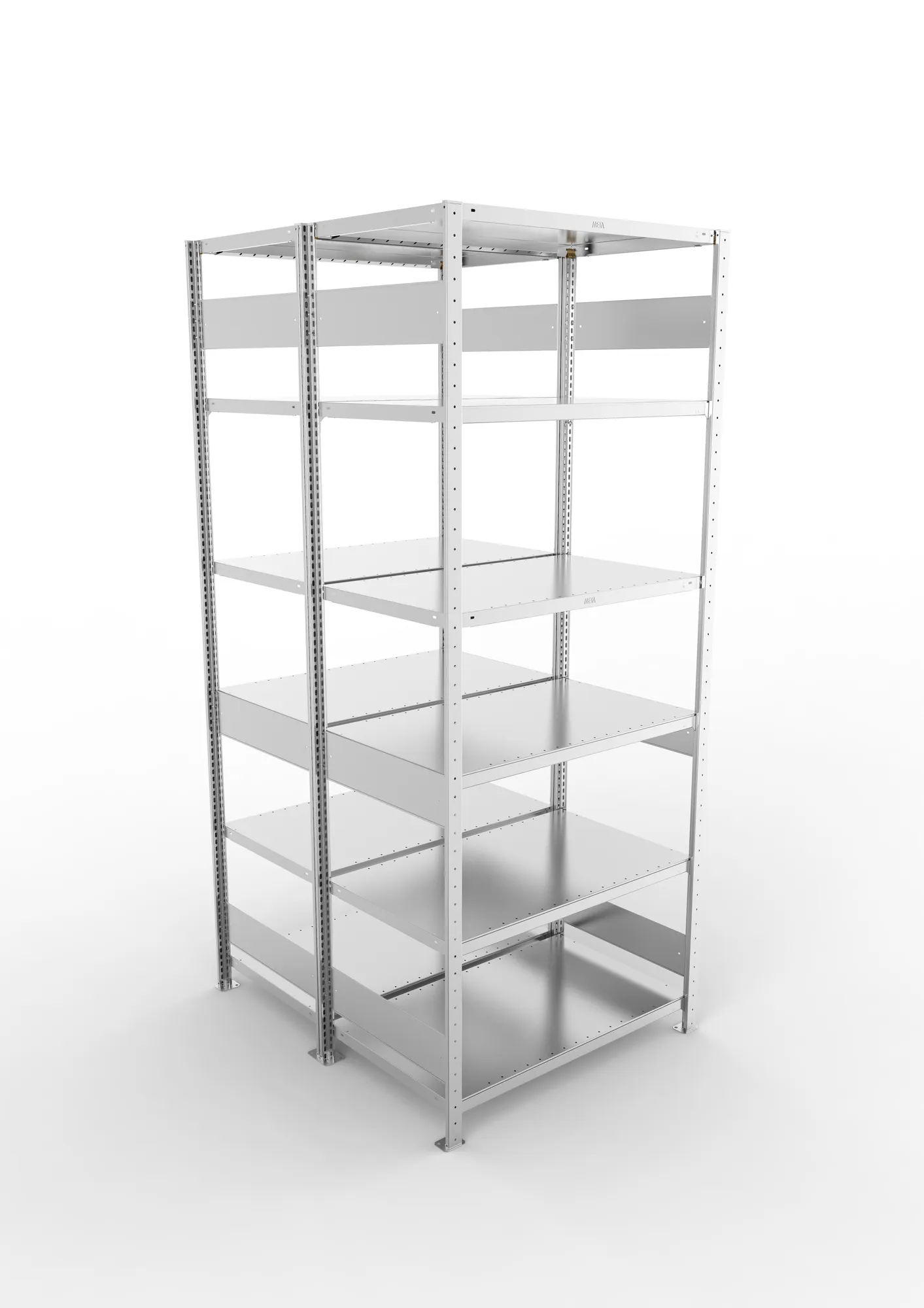 META CLIP S3, Fachbodenregal, Doppel-Grundregal, 2500 x 1000 x 600 mm, Fachlast 230 kg, 6 Ebenen, Längsriegel, verzinkt – Ansicht von oben