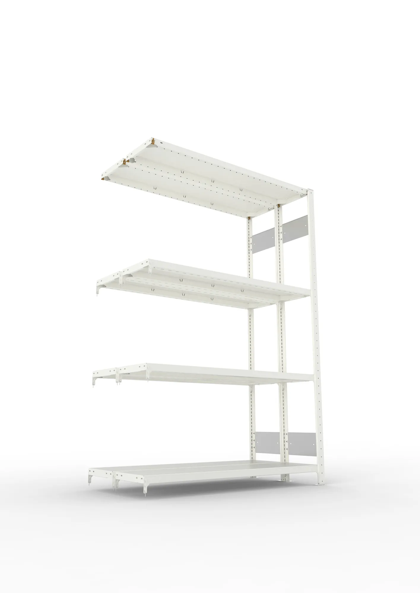 META CLIP S3, Fachbodenregal, Doppel-Anbauregal, 2000 x 1300 x 300 mm, Fachlast 230 kg, 4 Ebenen, Längsriegel, RAL 7035 – Ansicht von unten