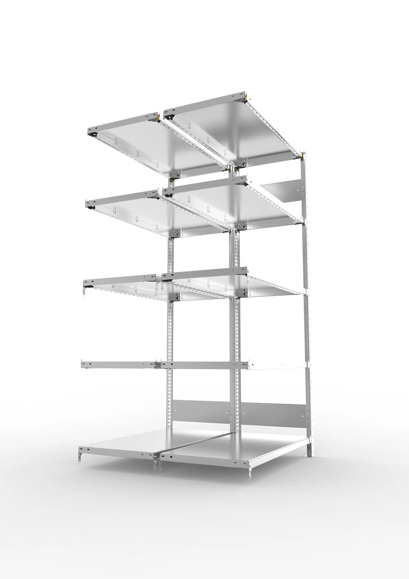 META CLIP S3, Fachbodenregal, Doppel-Anbauregal, 2000 x 1000 x 500 mm, Fachlast 150 kg, 5 Ebenen, Längsriegel, verzinkt – Seitenansicht