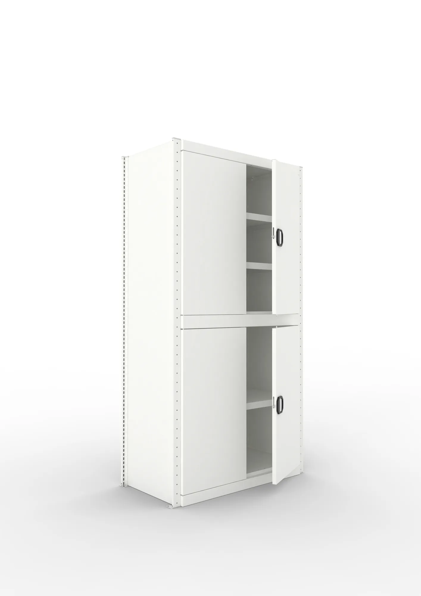 META CLIP, Schrankmodul, Grundregal, Variante 2, 2000 x 1000 x 500 mm, mit zwei Flügeltüren, RAL 7035 – Ansicht in Blickhöhe