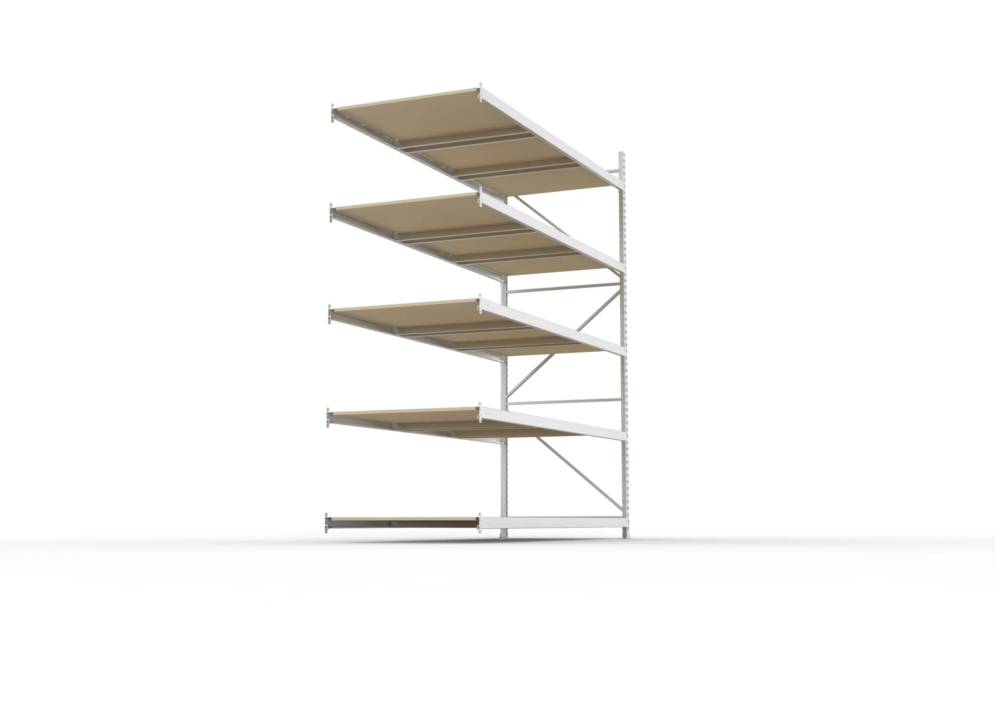 META MINI-RACK, Weitspannregal, Anbauregal, 3000 x 2600 x 1050 mm, Fachlast 490 kg, Spanplattenböden, 5 Ebenen – Seitenansicht