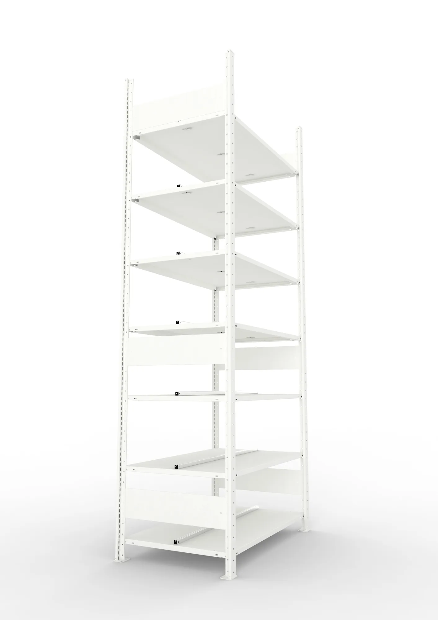 META CLIP COMPACT, Büro-Steckregal, Grundregal, 2500 x 1000 x 600 mm, Fachlast 100 kg, 7+0 Ebenen, RAL 7035 – Seitenansicht
