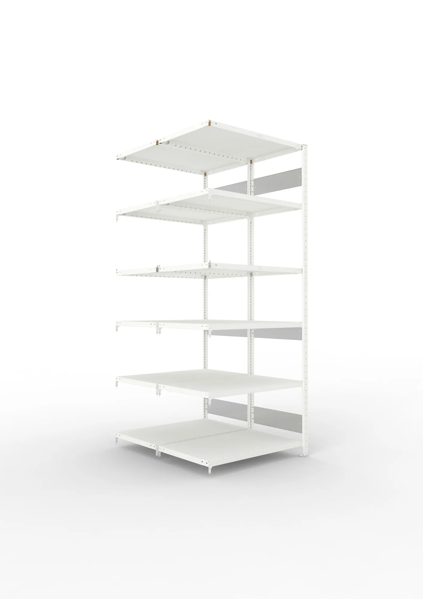 META CLIP S3, Fachbodenregal, Doppel-Anbauregal, 2500 x 1000 x 600 mm, Fachlast 230 kg, 6 Ebenen, Längsriegel, RAL 7035 – Ansicht in Blickhöhe