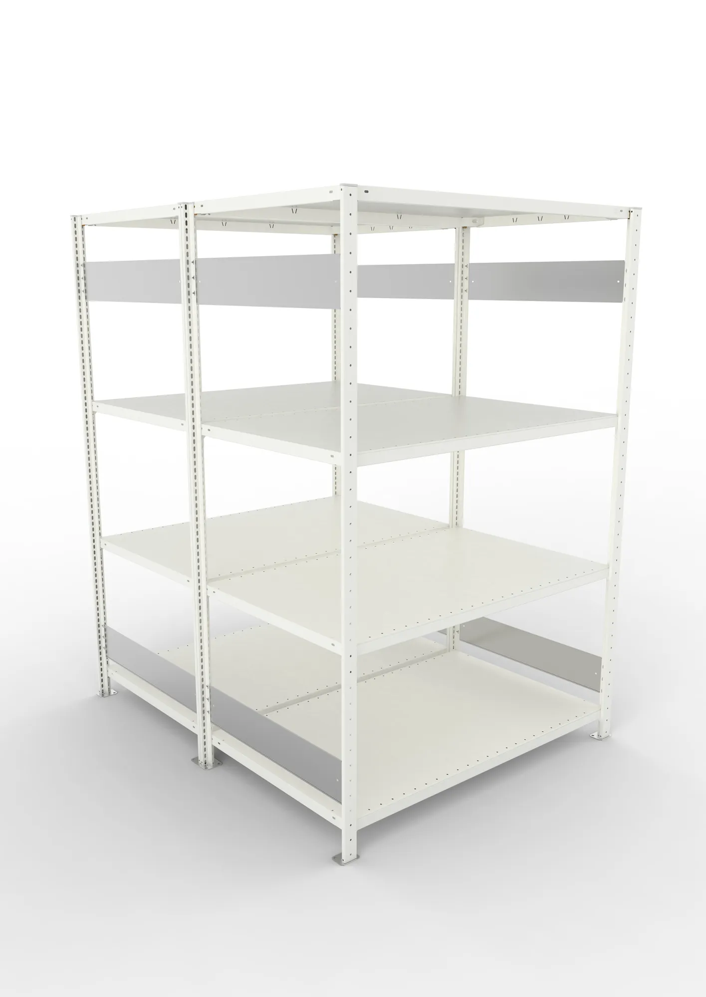 META CLIP S3, Fachbodenregal, Doppel-Grundregal, 2000 x 1300 x 800 mm, Fachlast 230 kg, 4 Ebenen, Längsriegel, RAL 7035 – Ansicht von oben